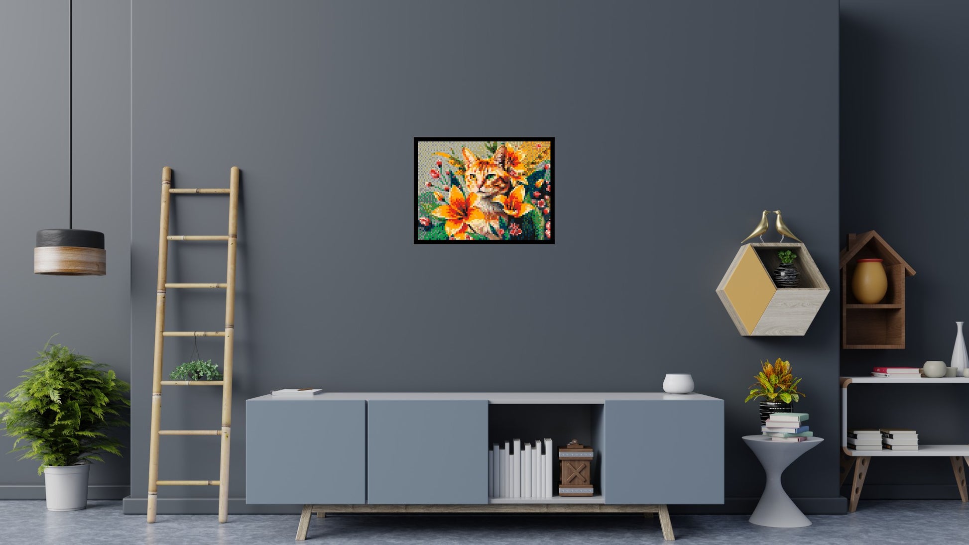 Ginger Tabby Cat with Orange Lilies and Pink Blossoms Illustration - Brick Art Mosaic Kit 4x3 scene with frame