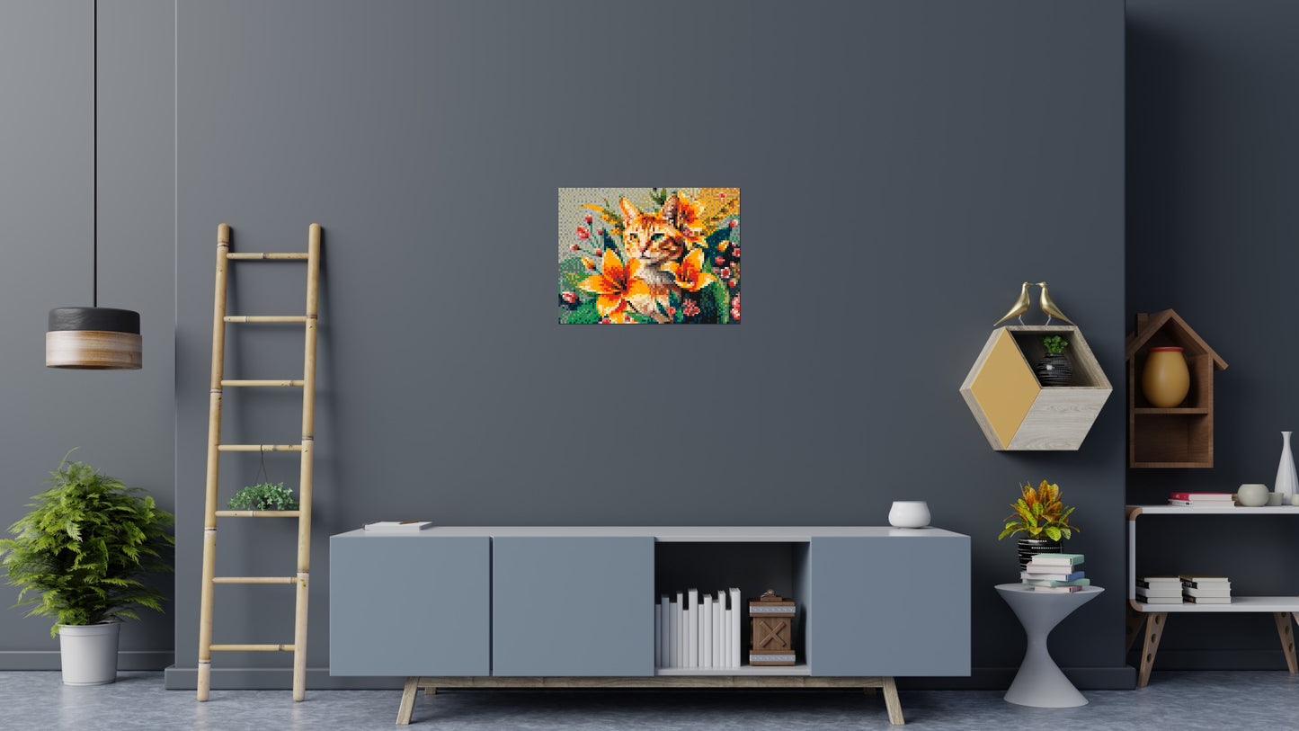 Ginger Tabby Cat with Orange Lilies and Pink Blossoms Illustration - Brick Art Mosaic Kit 4x3 large