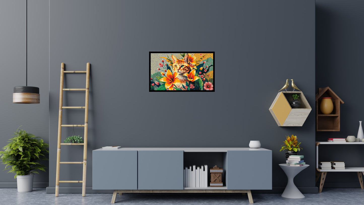 Ginger Tabby Cat with Orange Lilies and Pink Blossoms Illustration - Brick Art Mosaic Kit 5x3 large