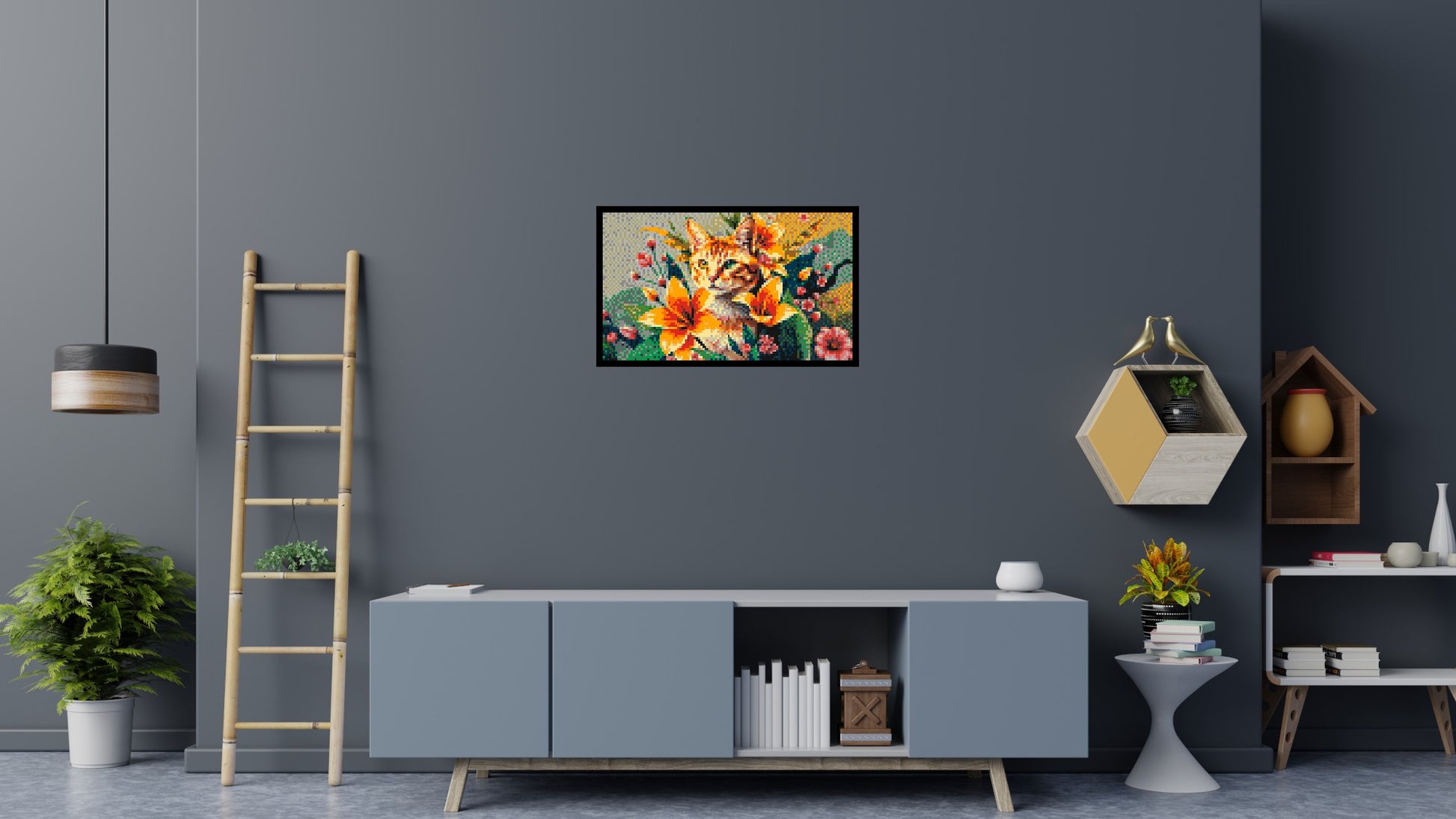 Ginger Tabby Cat with Orange Lilies and Pink Blossoms Illustration - Brick Art Mosaic Kit 5x3 scene with frame