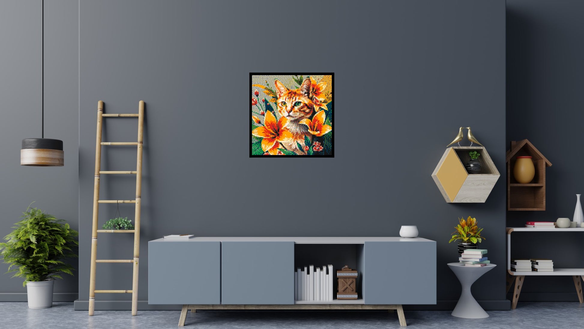 Ginger Tabby Cat with Orange Lilies and Pink Blossoms Illustration - Brick Art Mosaic Kit 4x4 scene with frame