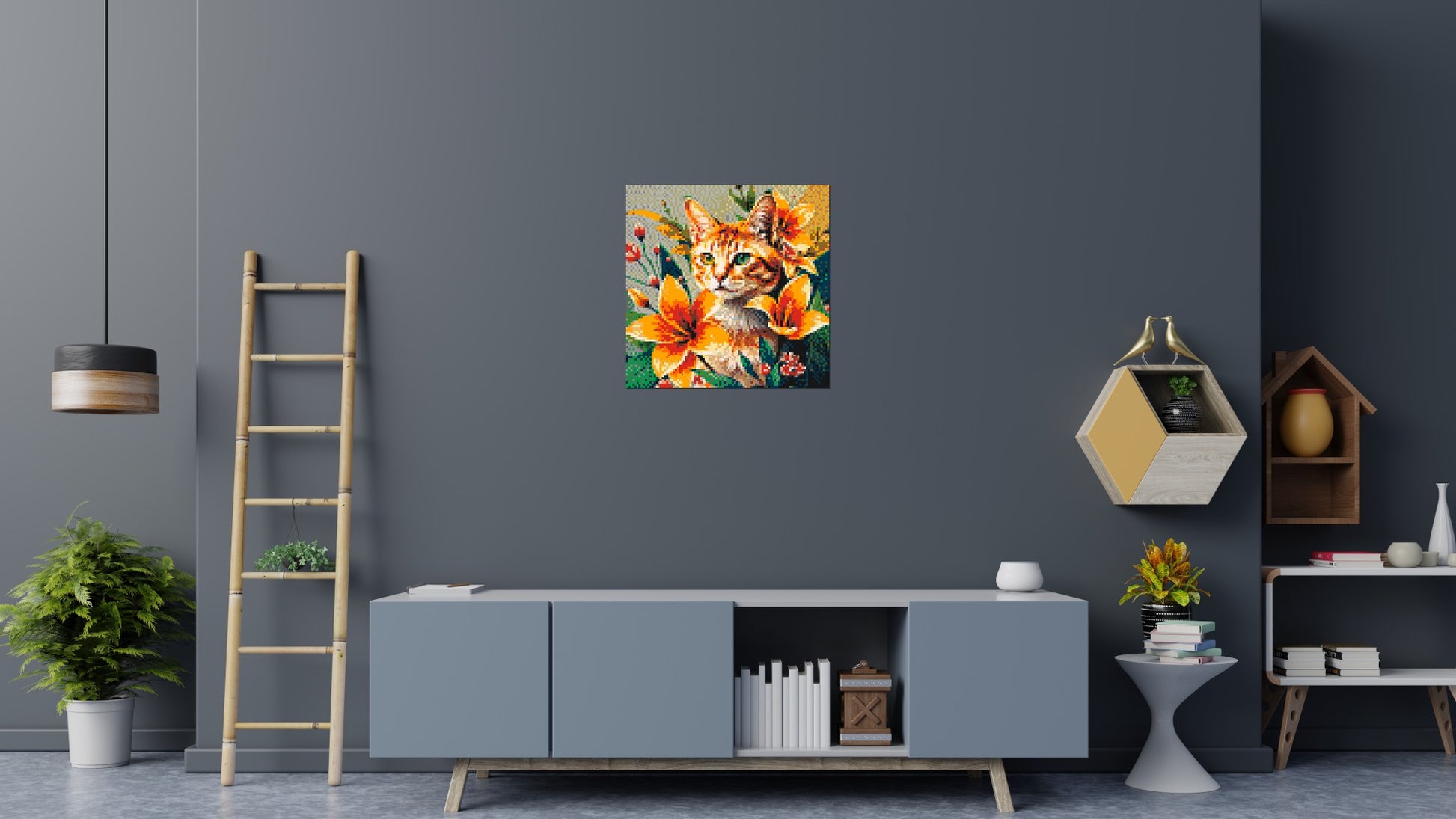 Ginger Tabby Cat with Orange Lilies and Pink Blossoms Illustration - Brick Art Mosaic Kit 4x4 scene