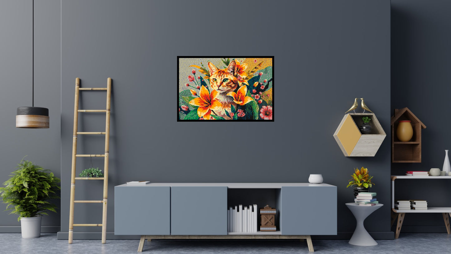 Ginger Tabby Cat with Orange Lilies and Pink Blossoms Illustration - Brick Art Mosaic Kit 6x4 large