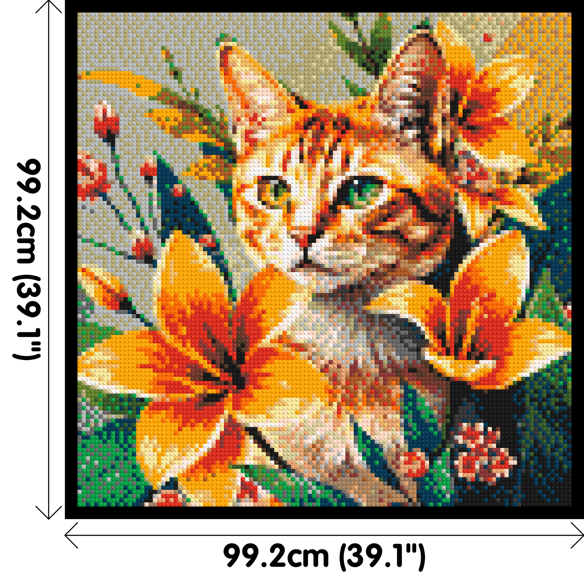 Ginger Tabby Cat with Orange Lilies and Pink Blossoms Illustration - Brick Art Mosaic Kit 5x5 dimensions with frame