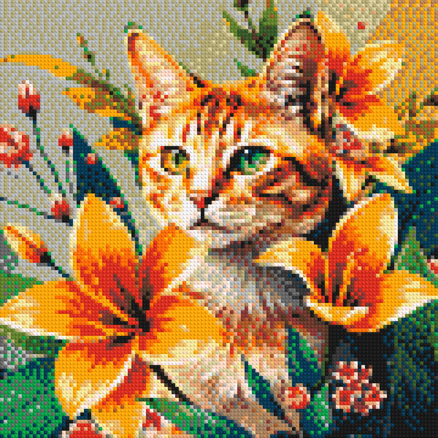 Ginger Tabby Cat with Orange Lilies and Pink Blossoms Illustration - Brick Art Mosaic Kit 5x5 large