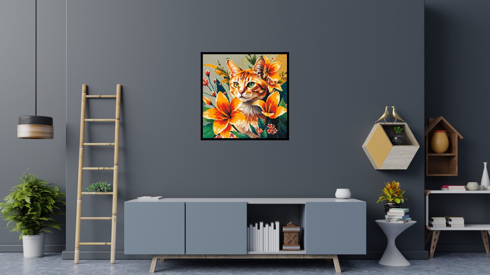 Ginger Tabby Cat with Orange Lilies and Pink Blossoms Illustration - Brick Art Mosaic Kit 5x5 scene with frame