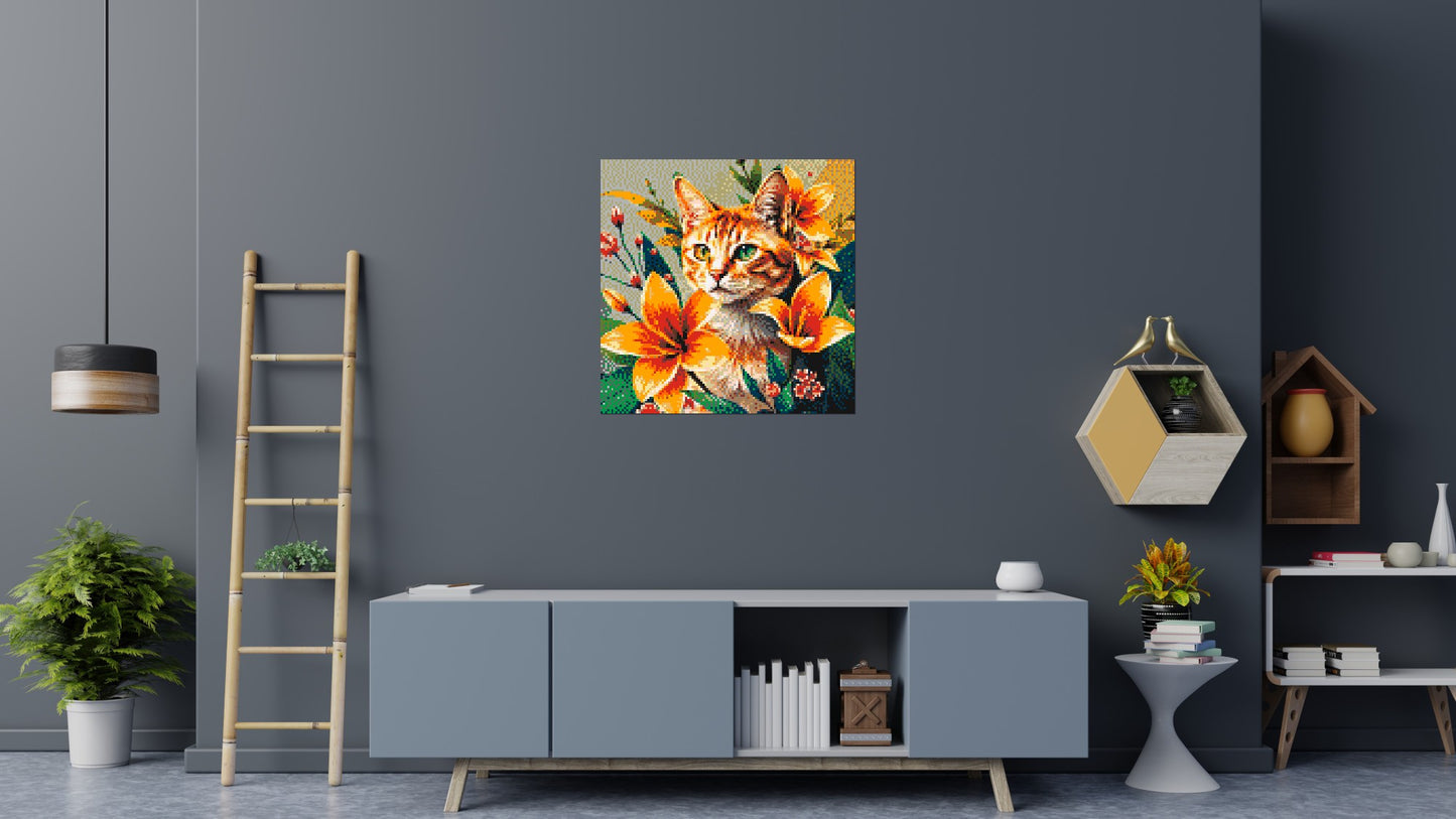 Ginger Tabby Cat with Orange Lilies and Pink Blossoms Illustration - Brick Art Mosaic Kit 5x5 large