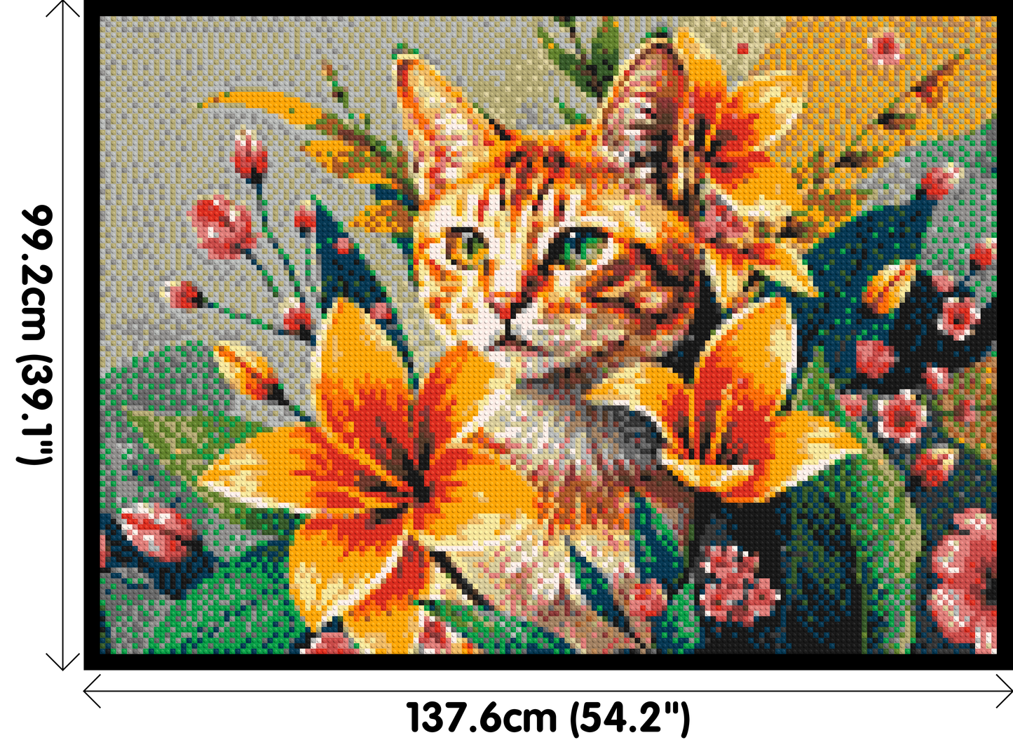 Ginger Tabby Cat with Orange Lilies and Pink Blossoms Illustration - Brick Art Mosaic Kit 7x5 large