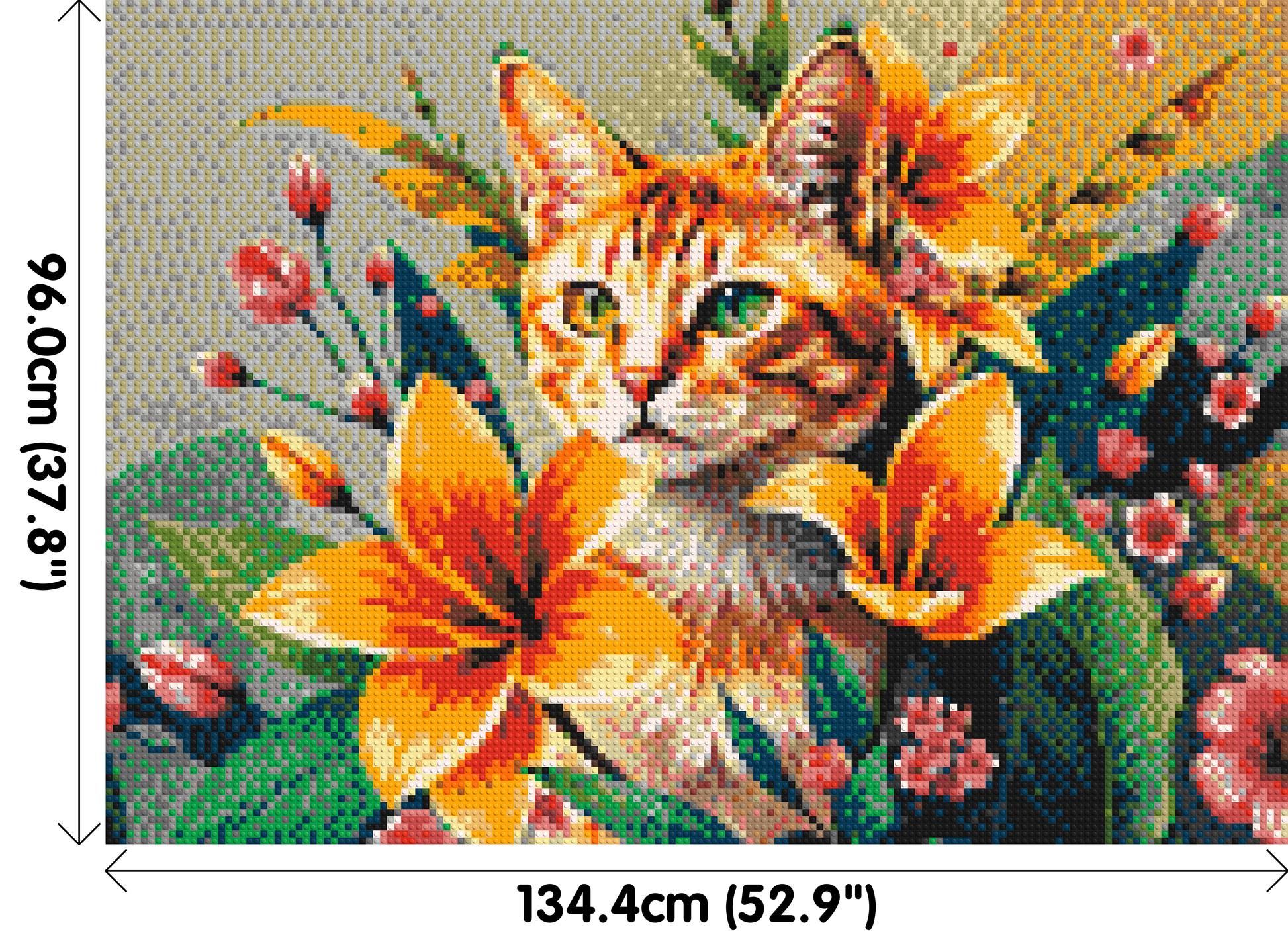 Ginger Tabby Cat with Orange Lilies and Pink Blossoms Illustration - Brick Art Mosaic Kit 7x5 dimensions