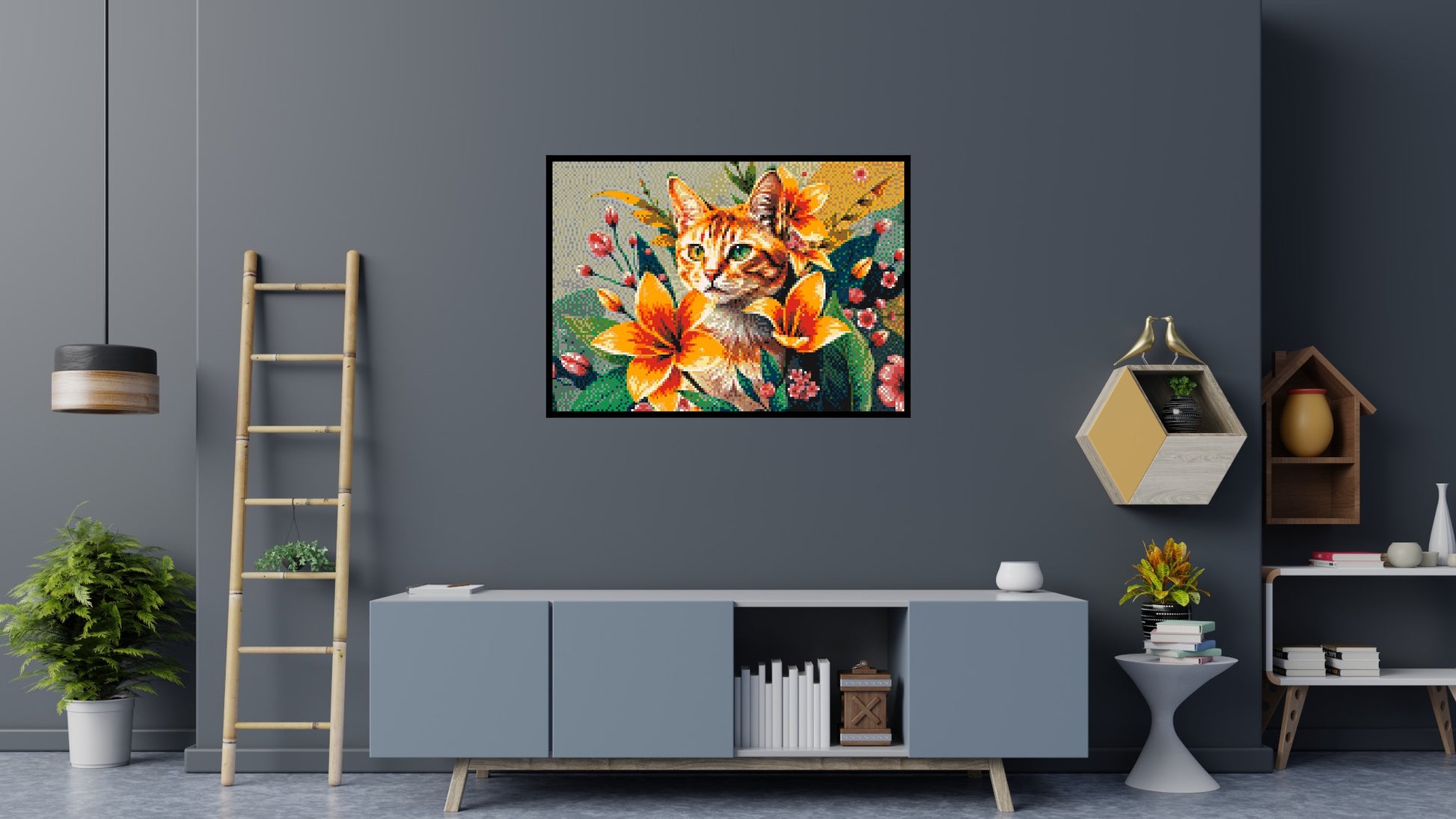 Ginger Tabby Cat with Orange Lilies and Pink Blossoms Illustration - Brick Art Mosaic Kit 7x5 scene with frame