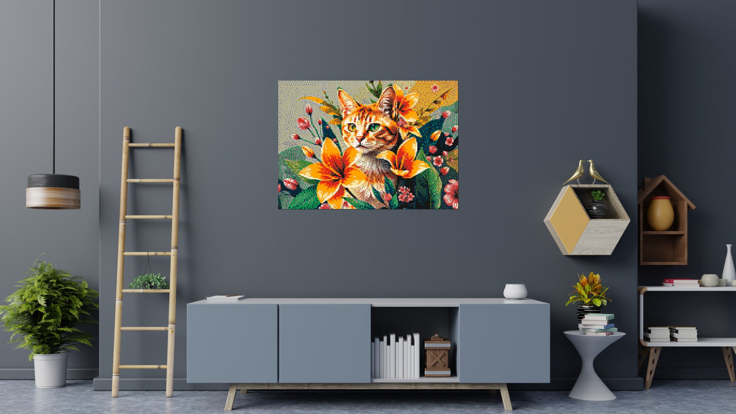Ginger Tabby Cat with Orange Lilies and Pink Blossoms Illustration - Brick Art Mosaic Kit 7x5 large