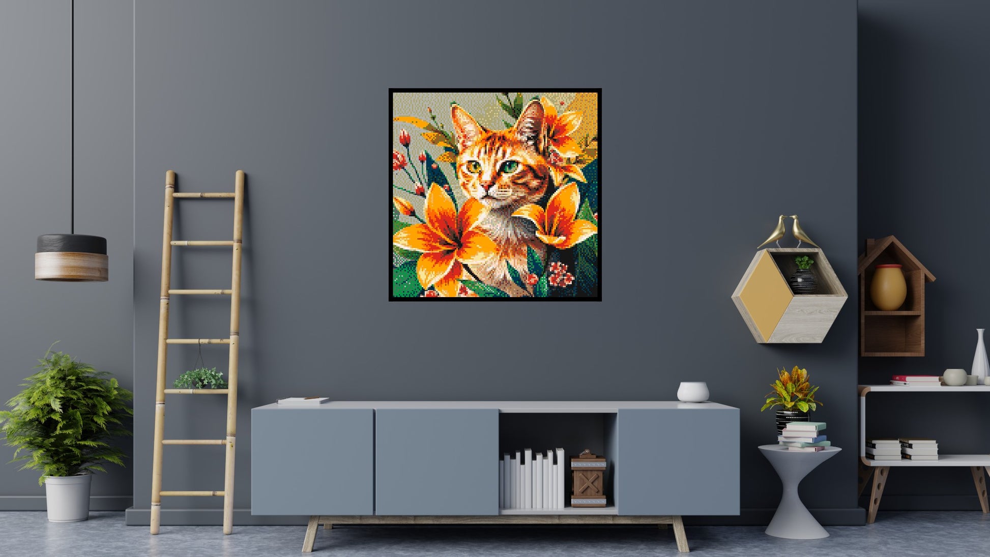 Ginger Tabby Cat with Orange Lilies and Pink Blossoms Illustration - Brick Art Mosaic Kit 6x6 scene with frame