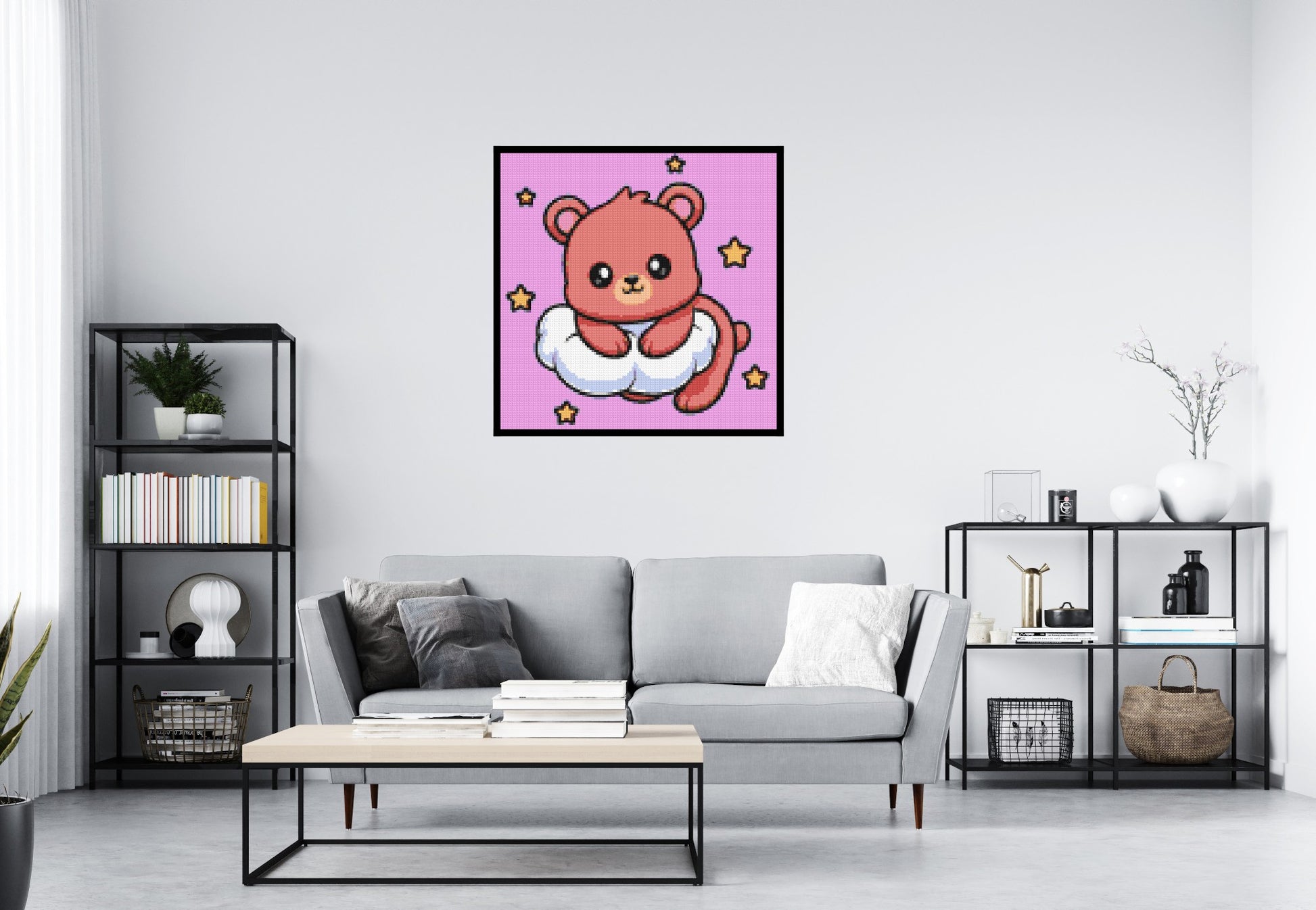 Cute Bear on Cloud with Stars Cartoon Art - Brick Art Mosaic Kit 5x5 scene with frame