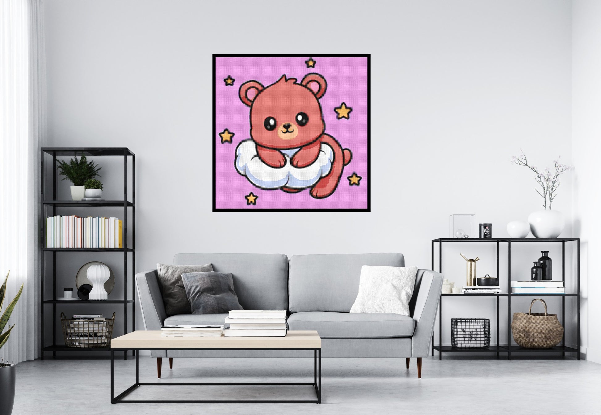 Cute Bear on Cloud with Stars Cartoon Art - Brick Art Mosaic Kit 6x6 scene with frame