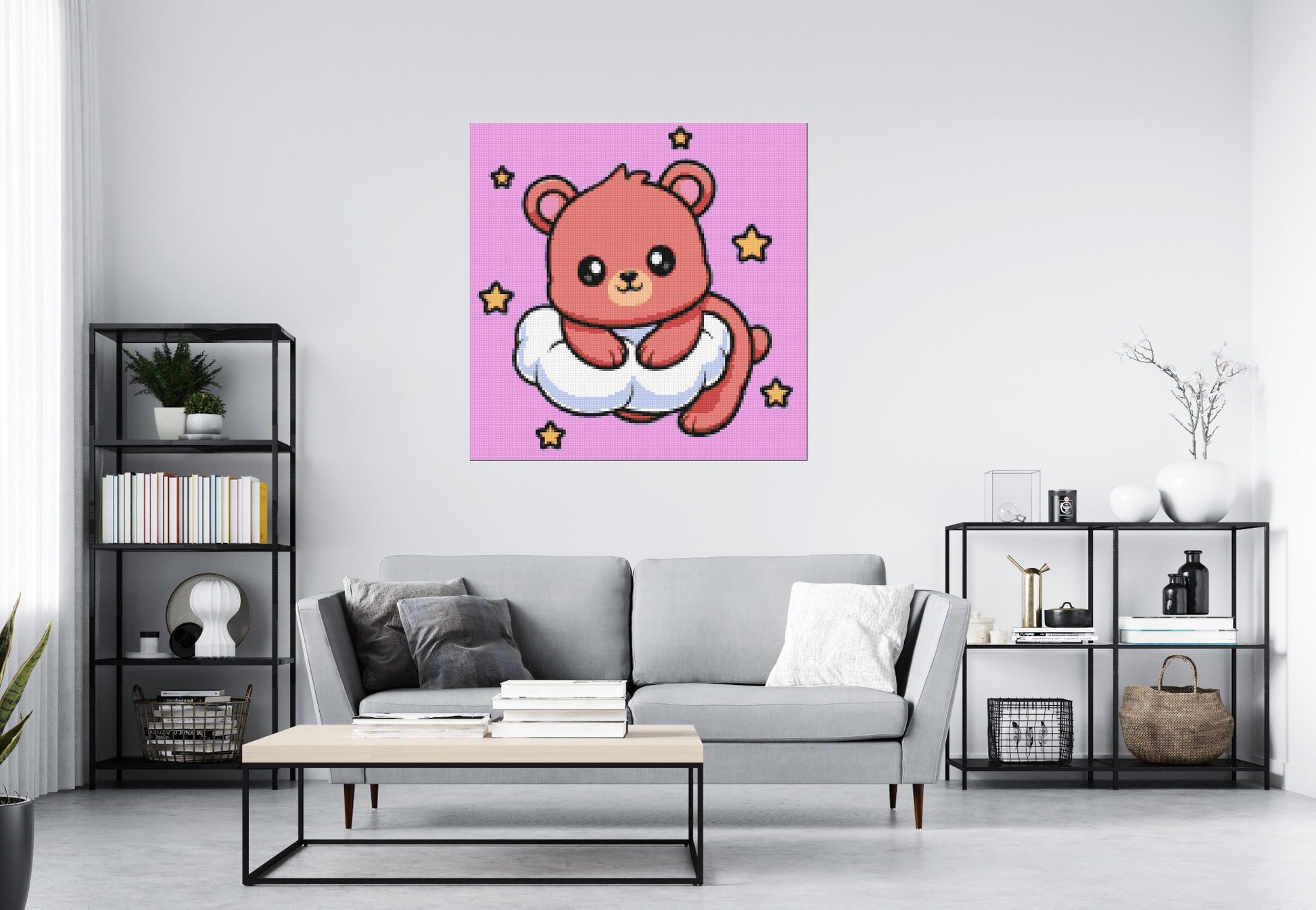 Cute Bear on Cloud with Stars Cartoon Art - Brick Art Mosaic Kit 6x6 scene