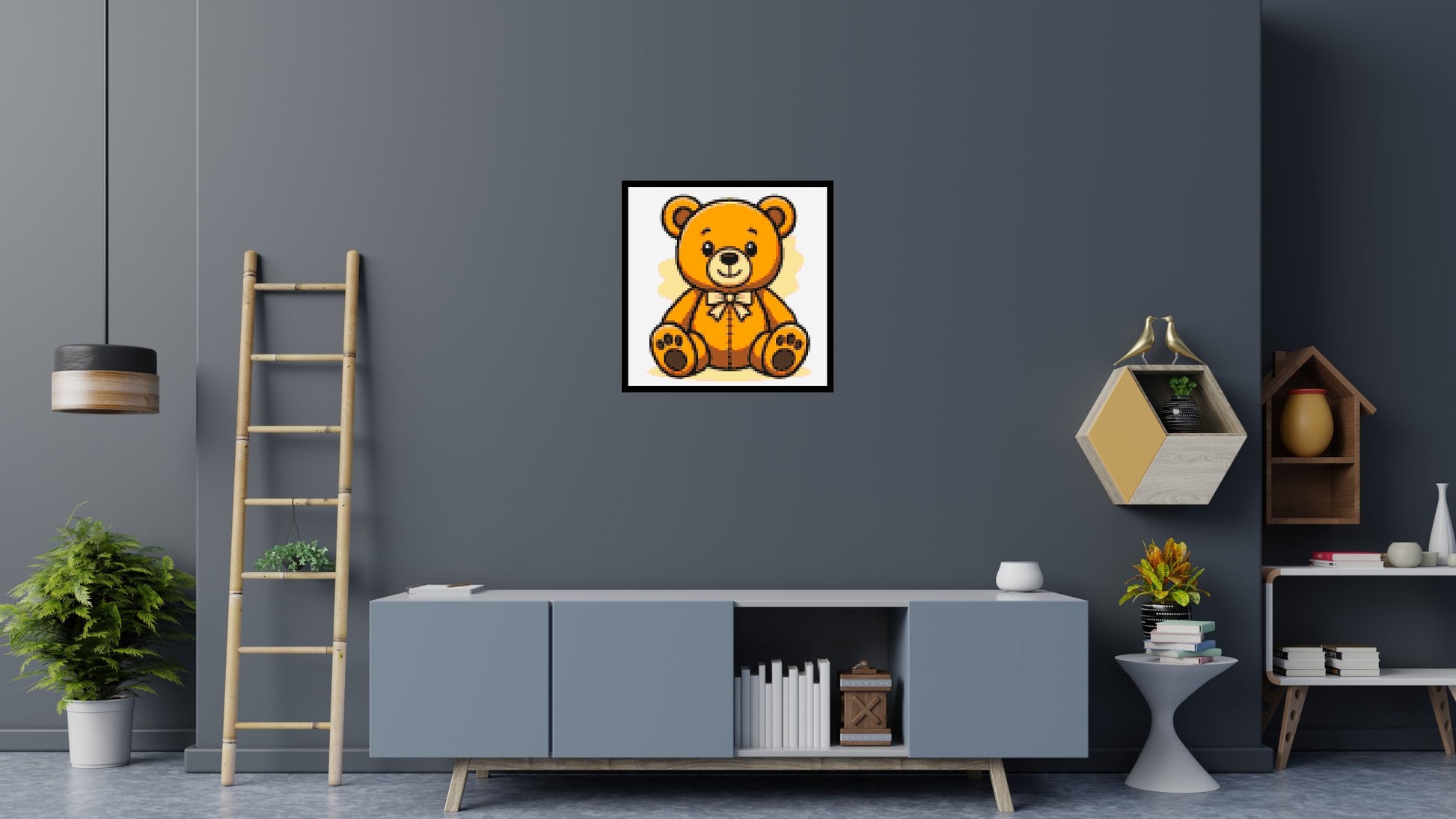 Classic Sitting Teddy Bear with Bow Tie Cartoon Art - Brick Art Mosaic Kit 4x4 scene with frame