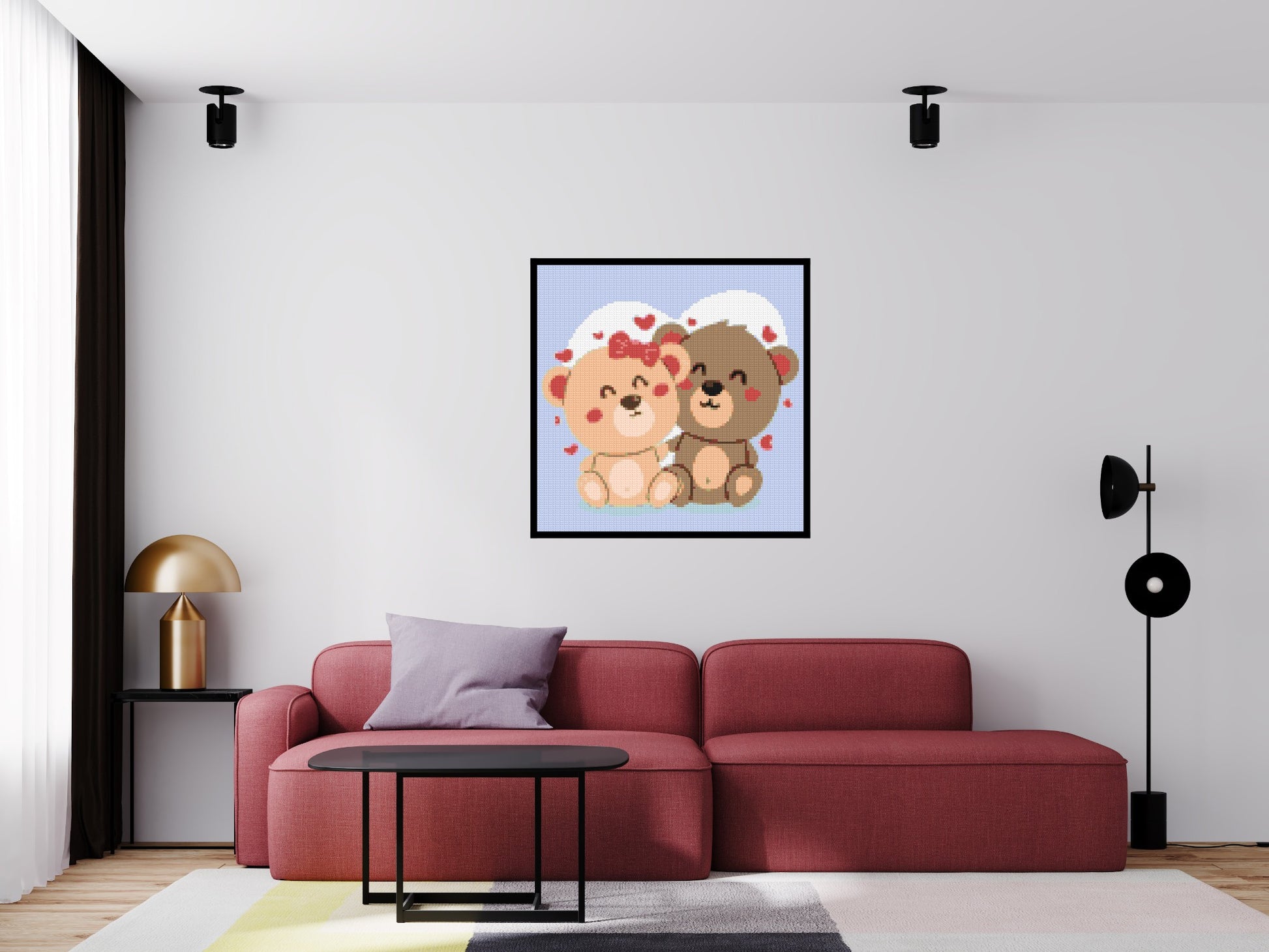 Cute Teddy Bear Couple Kawaii Vector Art - Brick Art Mosaic Kit 5x5 scene with frame