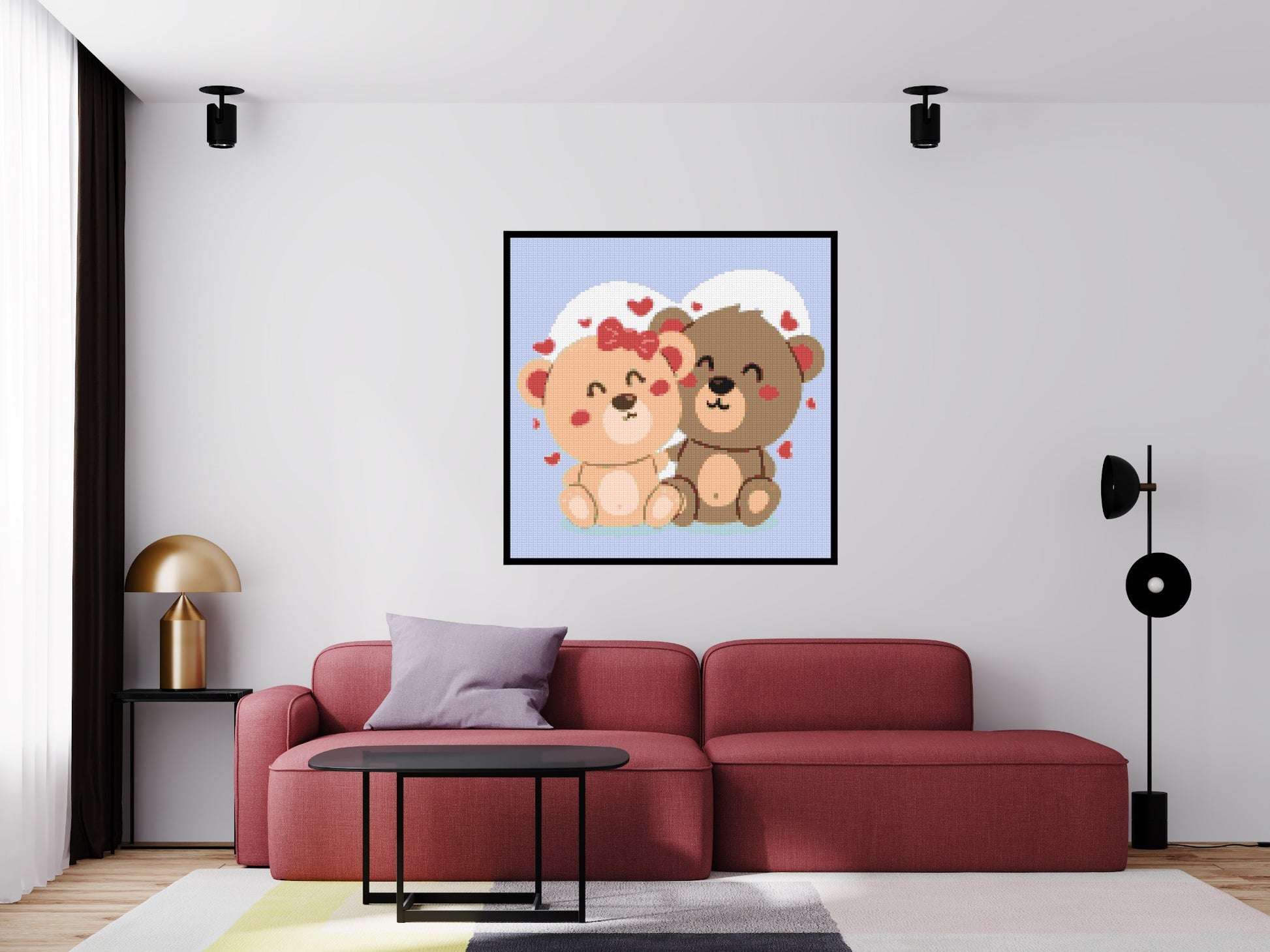 Cute Teddy Bear Couple Kawaii Vector Art - Brick Art Mosaic Kit 6x6 scene with frame