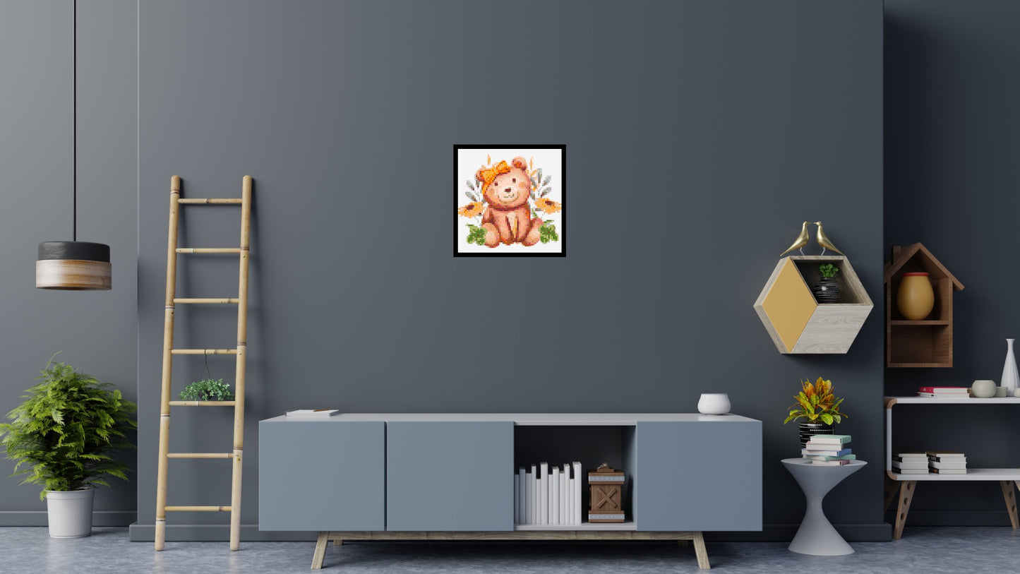 Teddy Bear with Yellow Bow and Flowers Watercolor Art - Brick Art Mosaic Kit 3x3 large