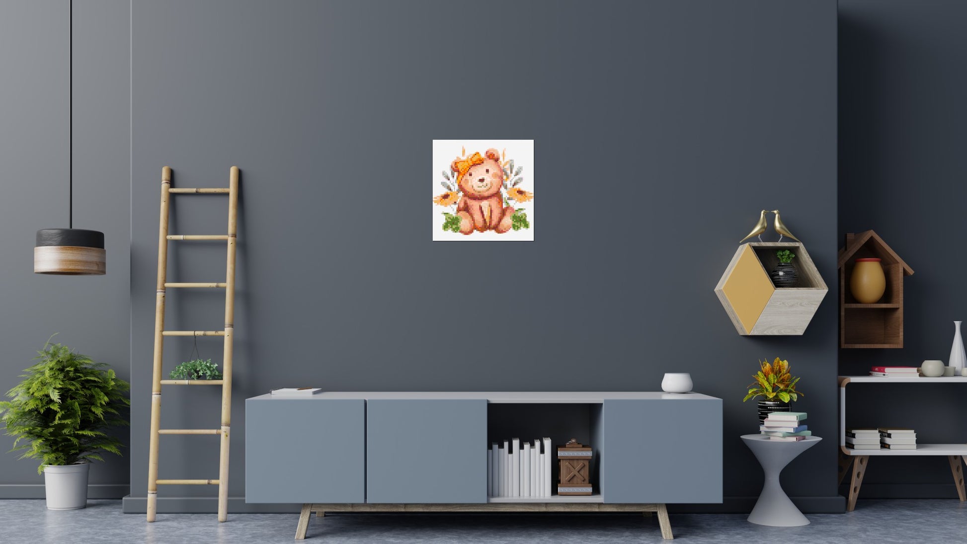 Teddy Bear with Yellow Bow and Flowers Watercolor Art - Brick Art Mosaic Kit 3x3 scene
