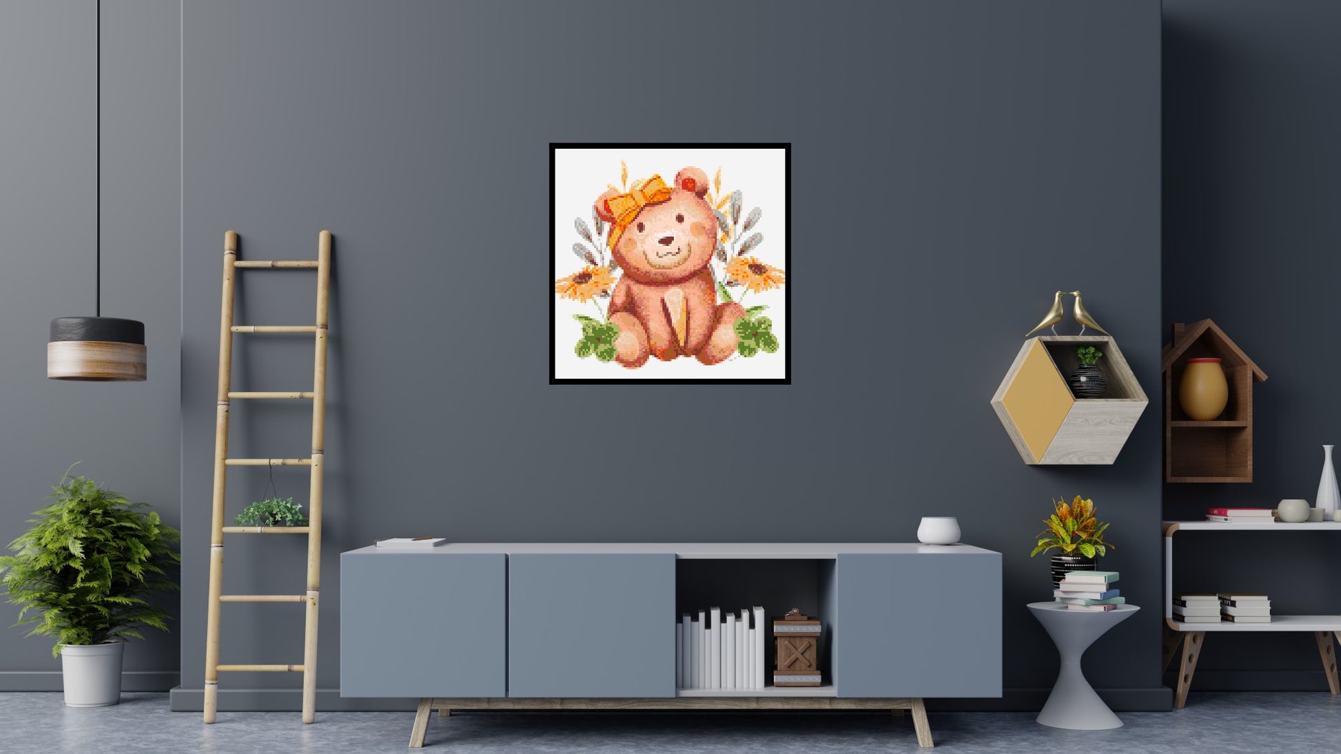 Teddy Bear with Yellow Bow and Flowers Watercolor Art - Brick Art Mosaic Kit 5x5 scene with frame