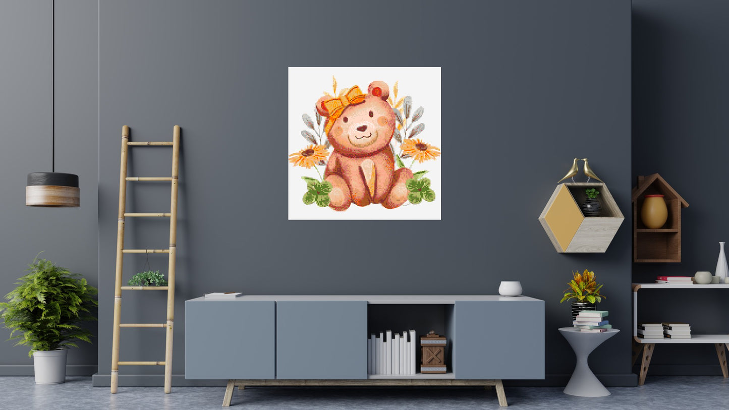 Teddy Bear with Yellow Bow and Flowers Watercolor Art - Brick Art Mosaic Kit 6x6 large