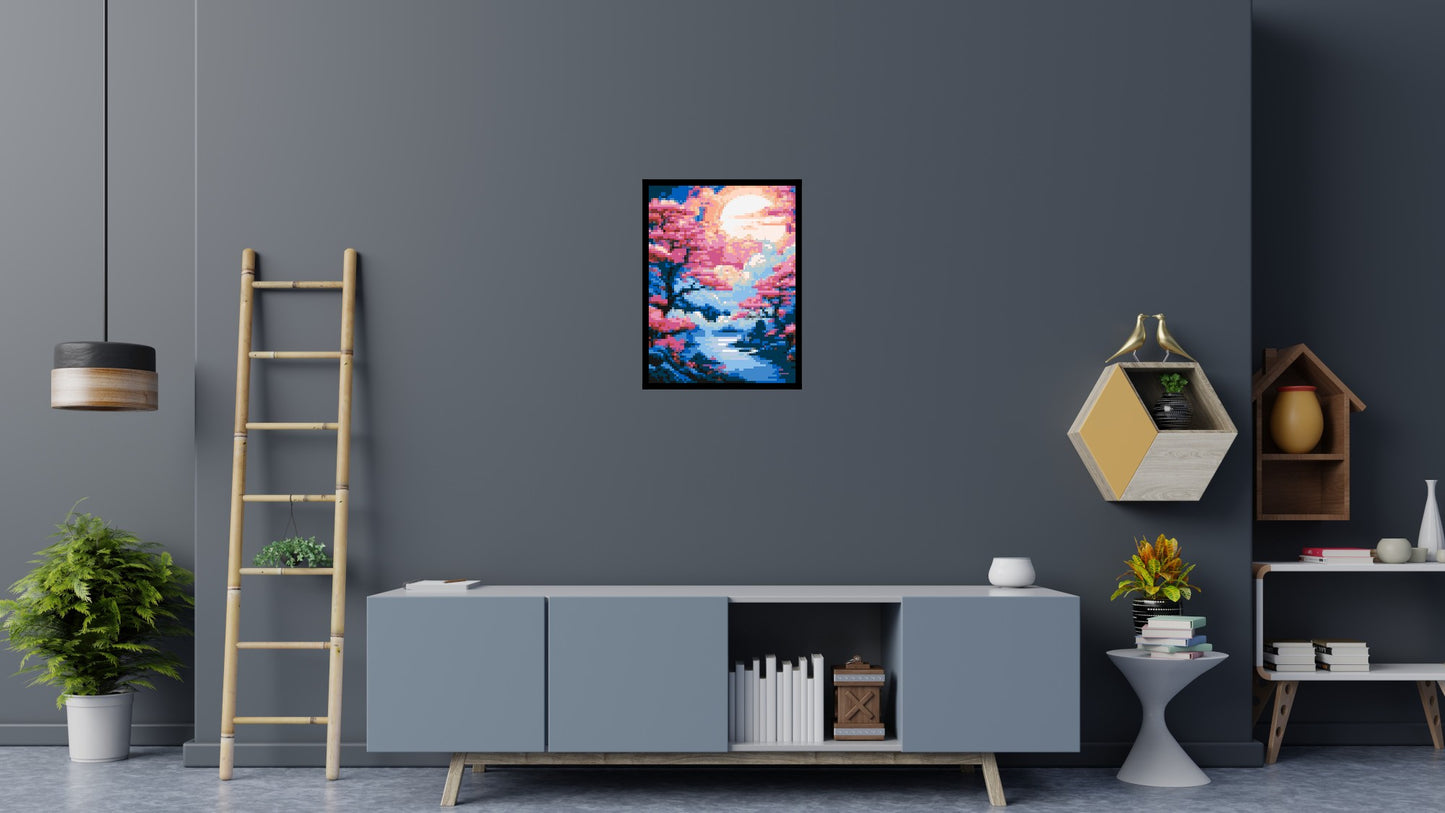 Cherry Blossom Trees and Glowing Moon Japanese Art - Brick Art Mosaic Kit 3x4 large