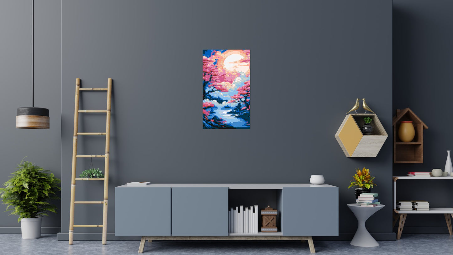 Cherry Blossom Trees and Glowing Moon Japanese Art - Brick Art Mosaic Kit 3x5 large