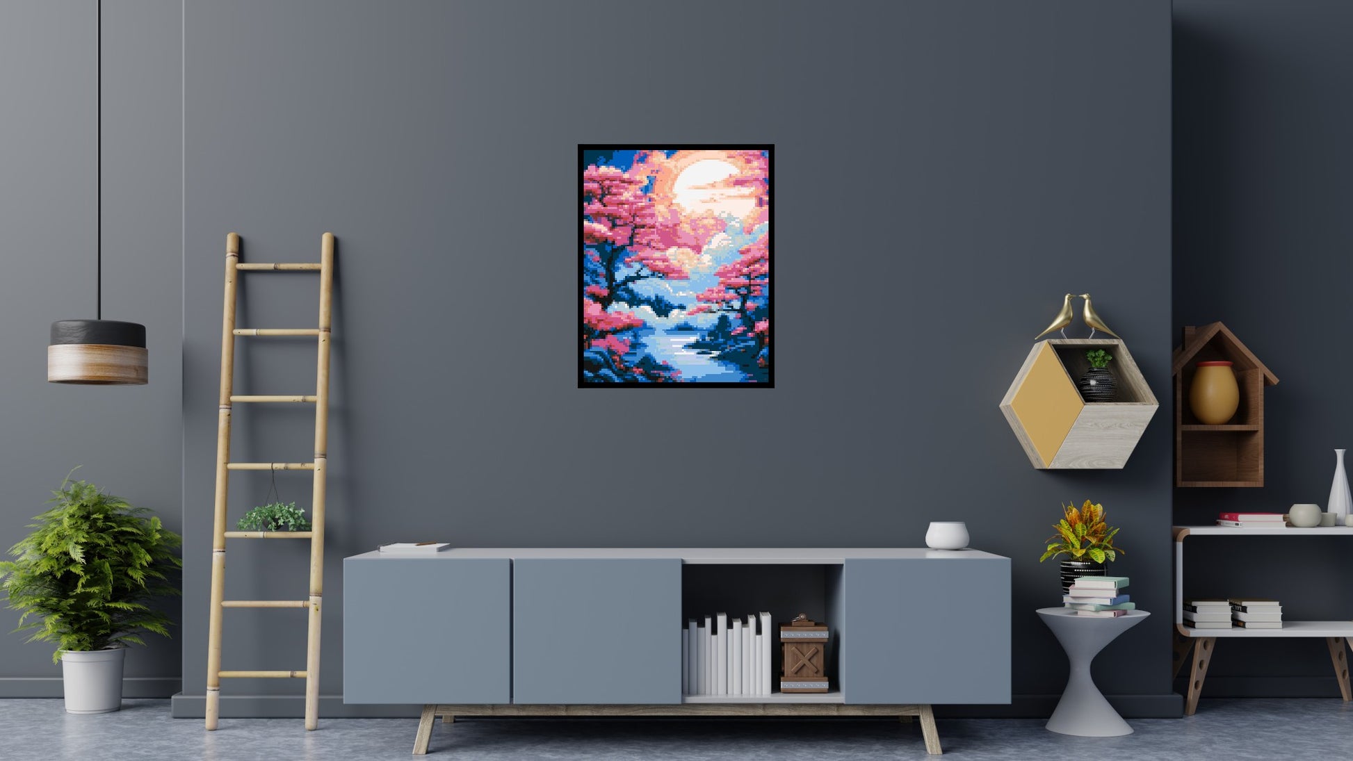 Cherry Blossom Trees and Glowing Moon Japanese Art - Brick Art Mosaic Kit 4x5 scene with frame