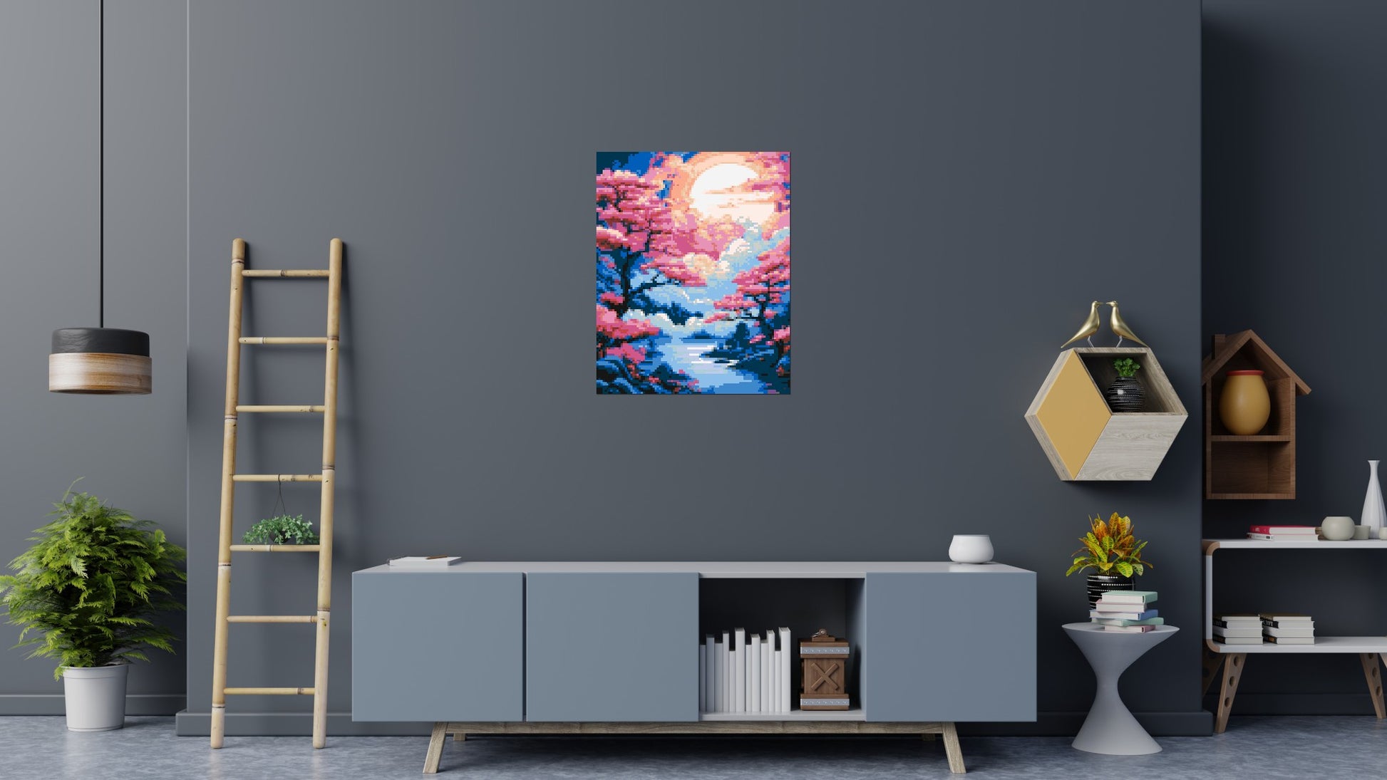 Cherry Blossom Trees and Glowing Moon Japanese Art - Brick Art Mosaic Kit 4x5 scene