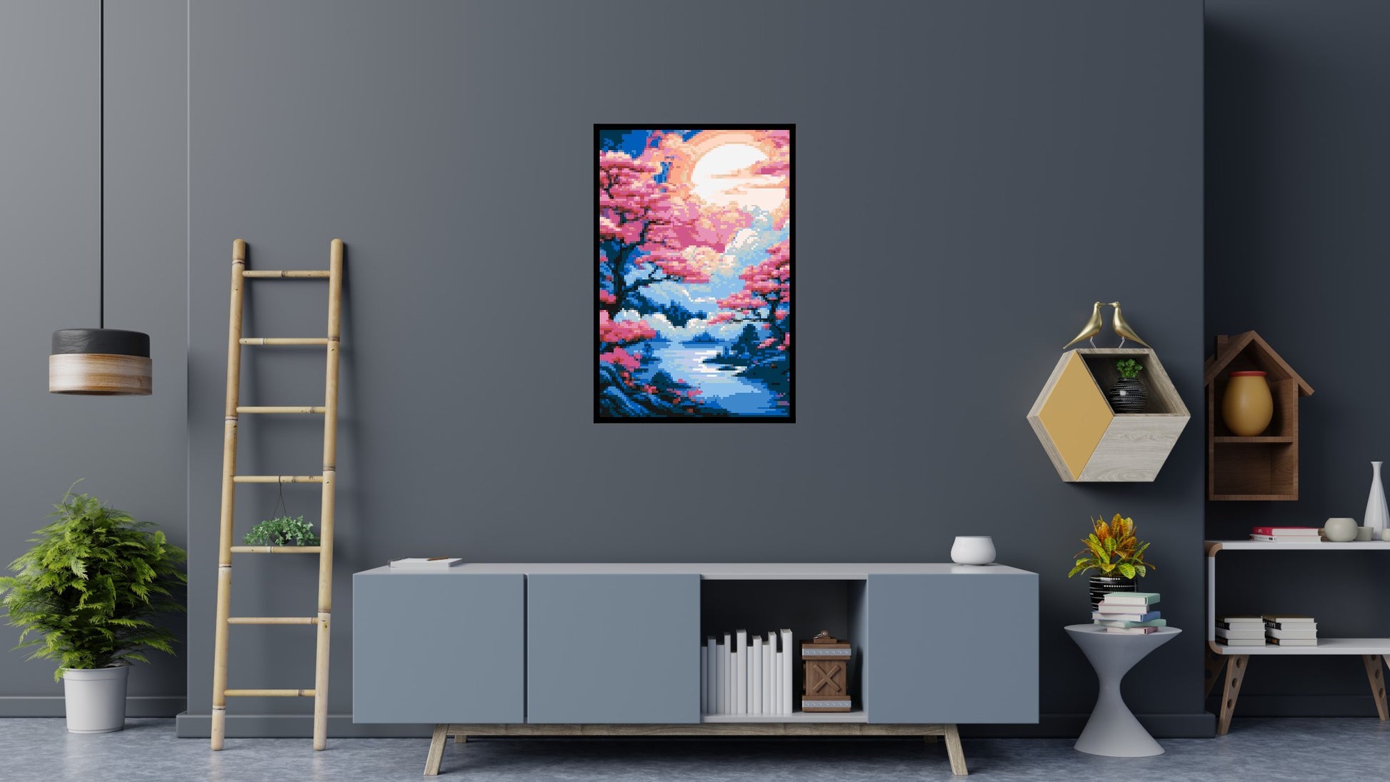 Cherry Blossom Trees and Glowing Moon Japanese Art - Brick Art Mosaic Kit 4x6 scene with frame