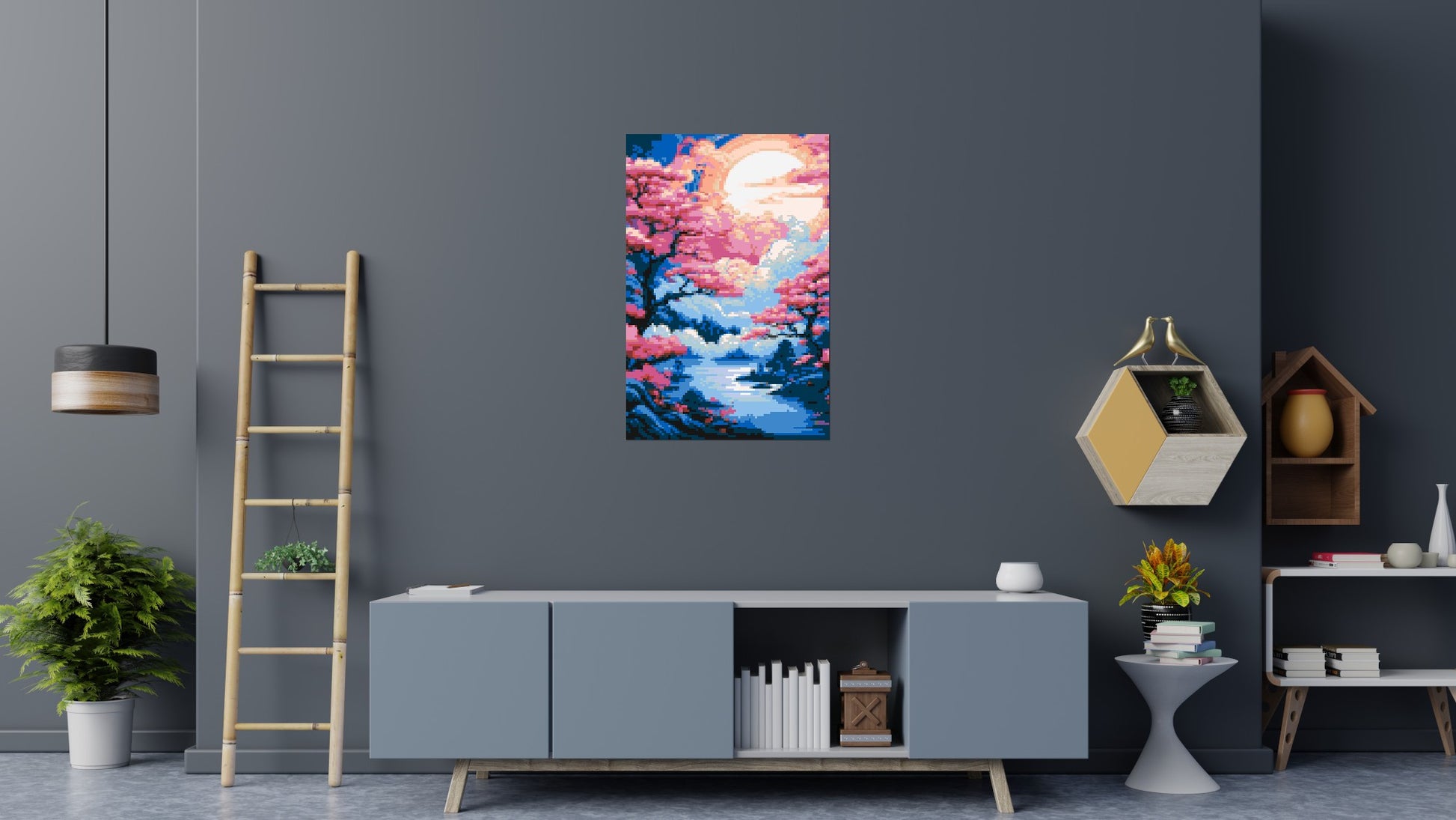 Cherry Blossom Trees and Glowing Moon Japanese Art - Brick Art Mosaic Kit 4x6 scene