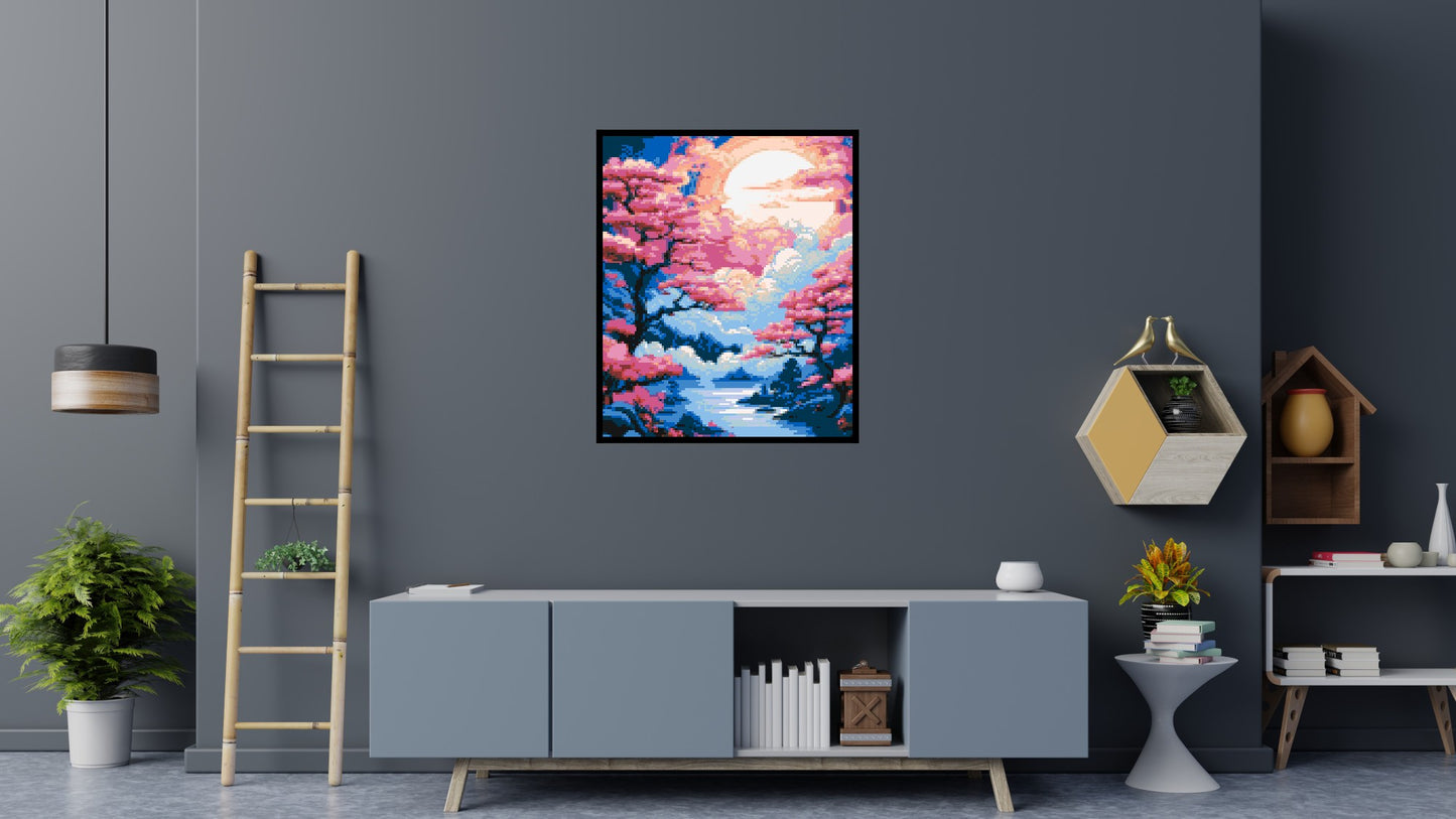 Cherry Blossom Trees and Glowing Moon Japanese Art - Brick Art Mosaic Kit 5x6 large