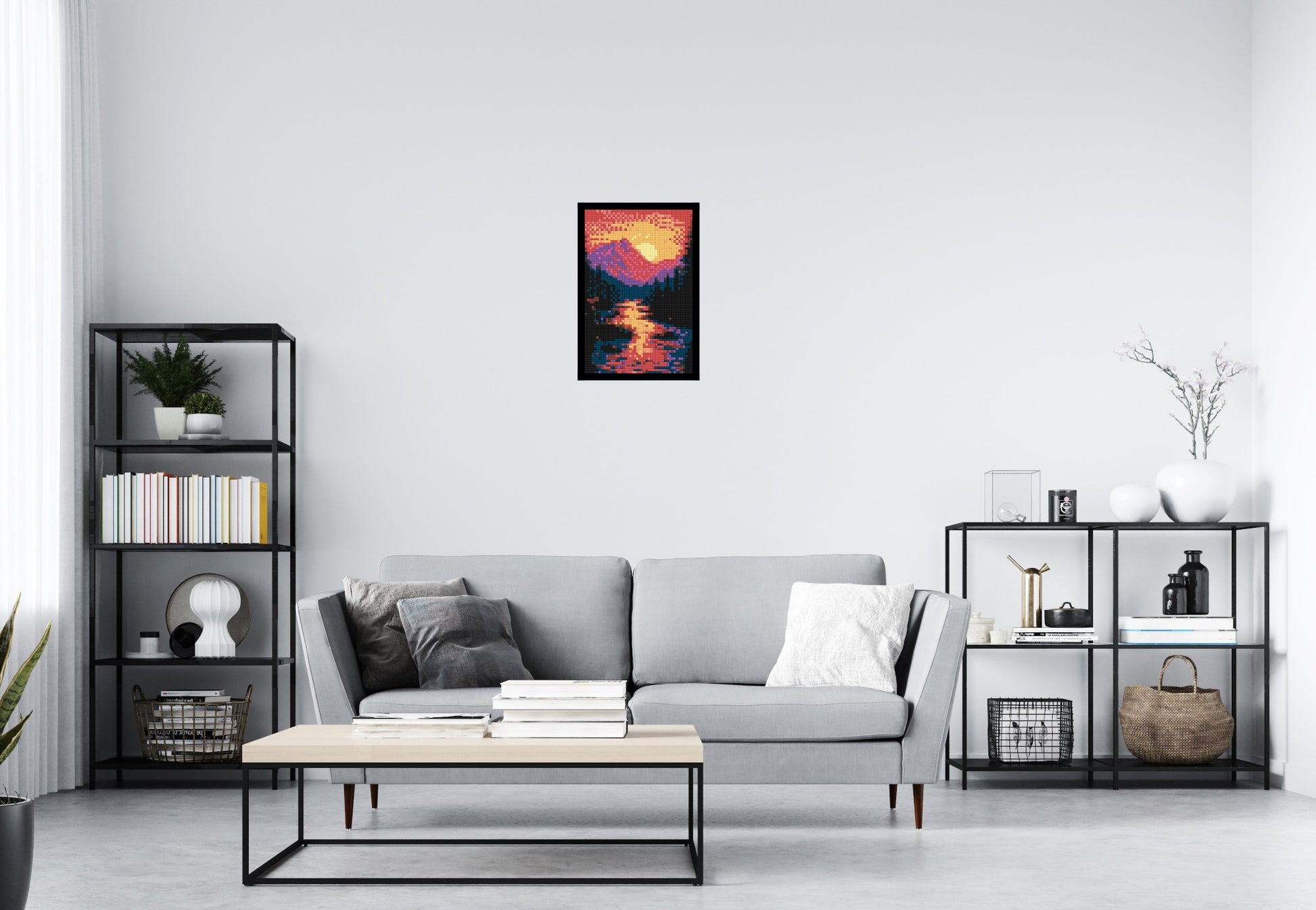 Sunset Mountain River Pixel Art - Brick Art Mosaic Kit 2x3 scene with frame