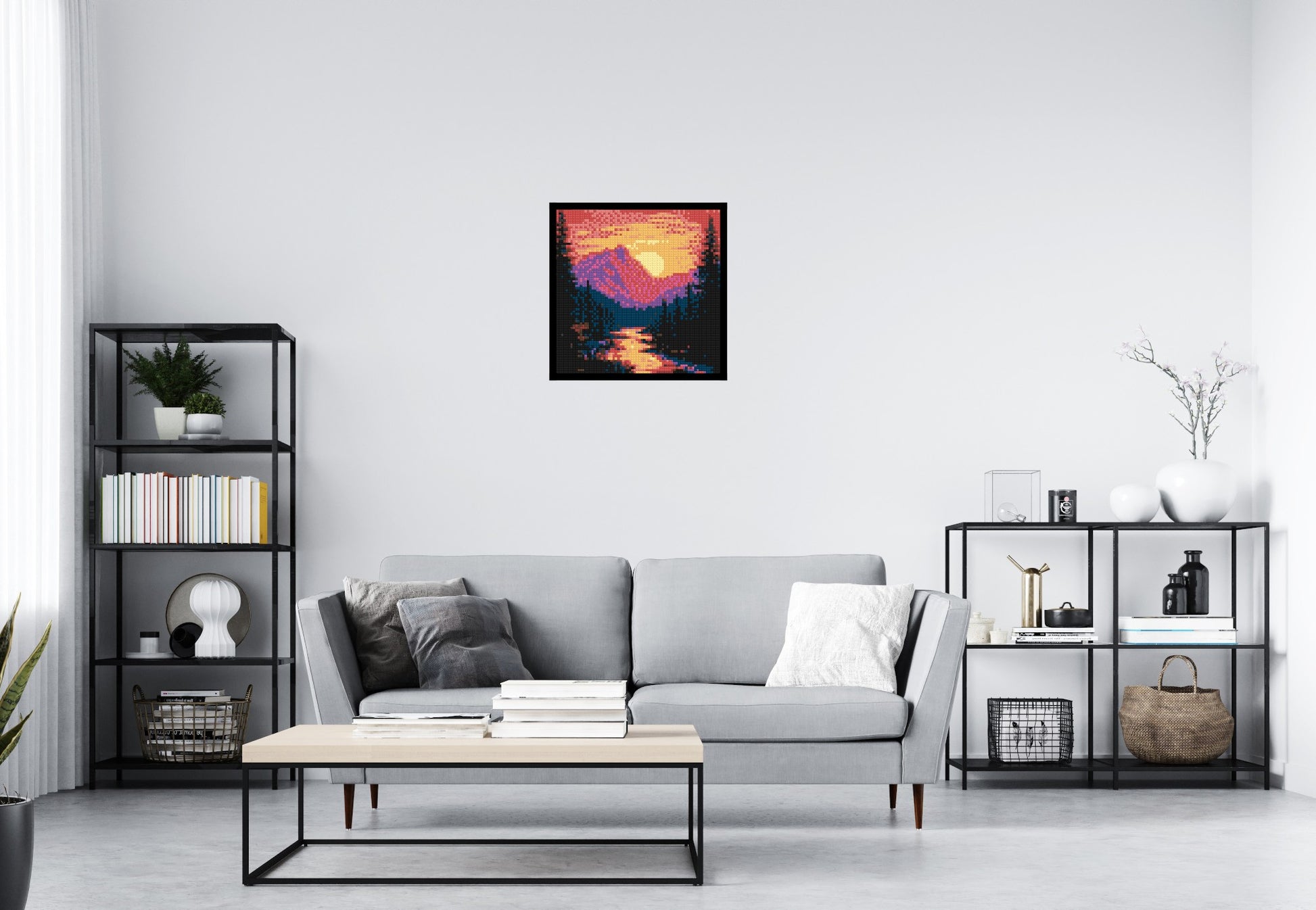 Sunset Mountain River Pixel Art - Brick Art Mosaic Kit 3x3 scene with frame