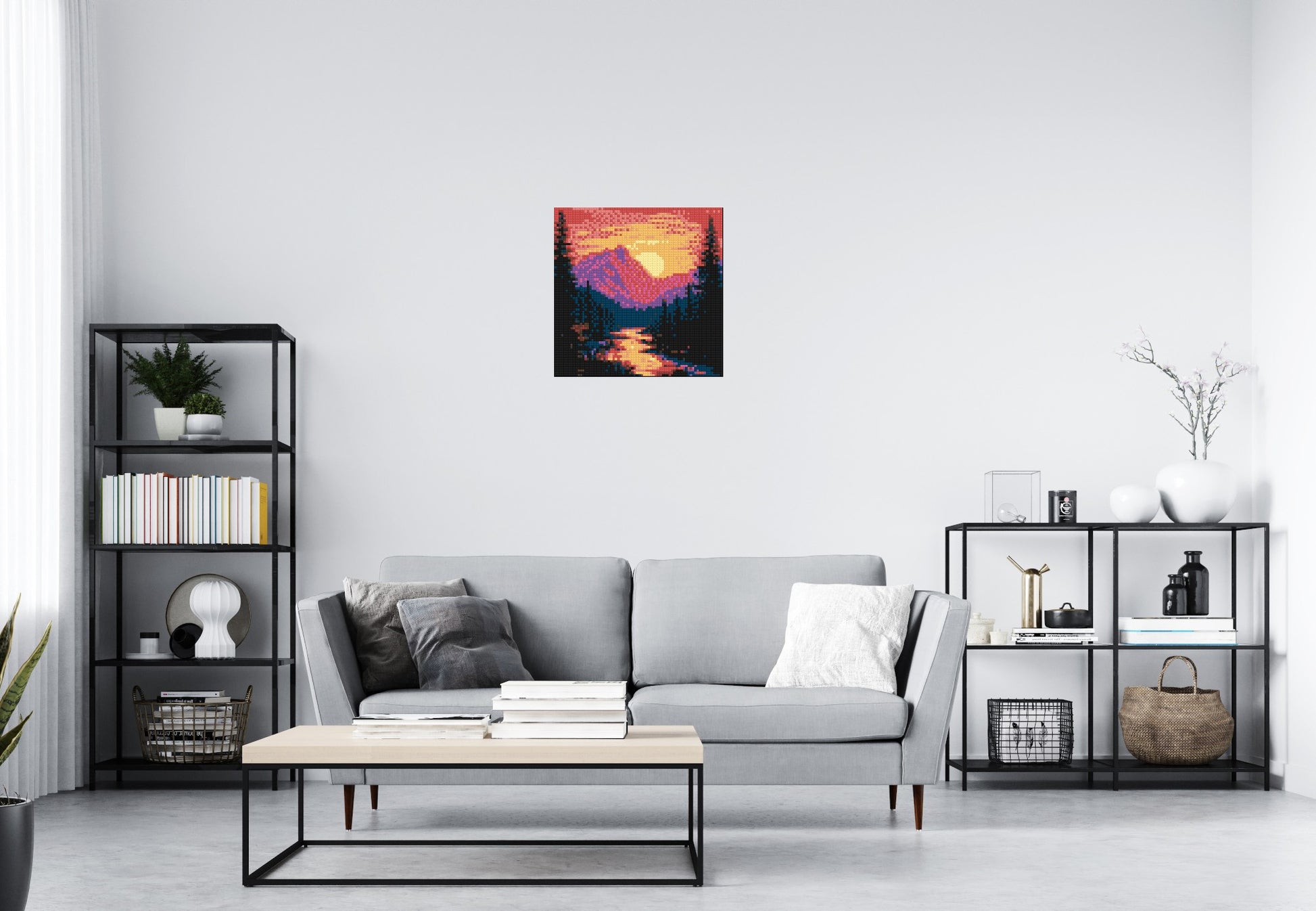 Sunset Mountain River Pixel Art - Brick Art Mosaic Kit 3x3 scene