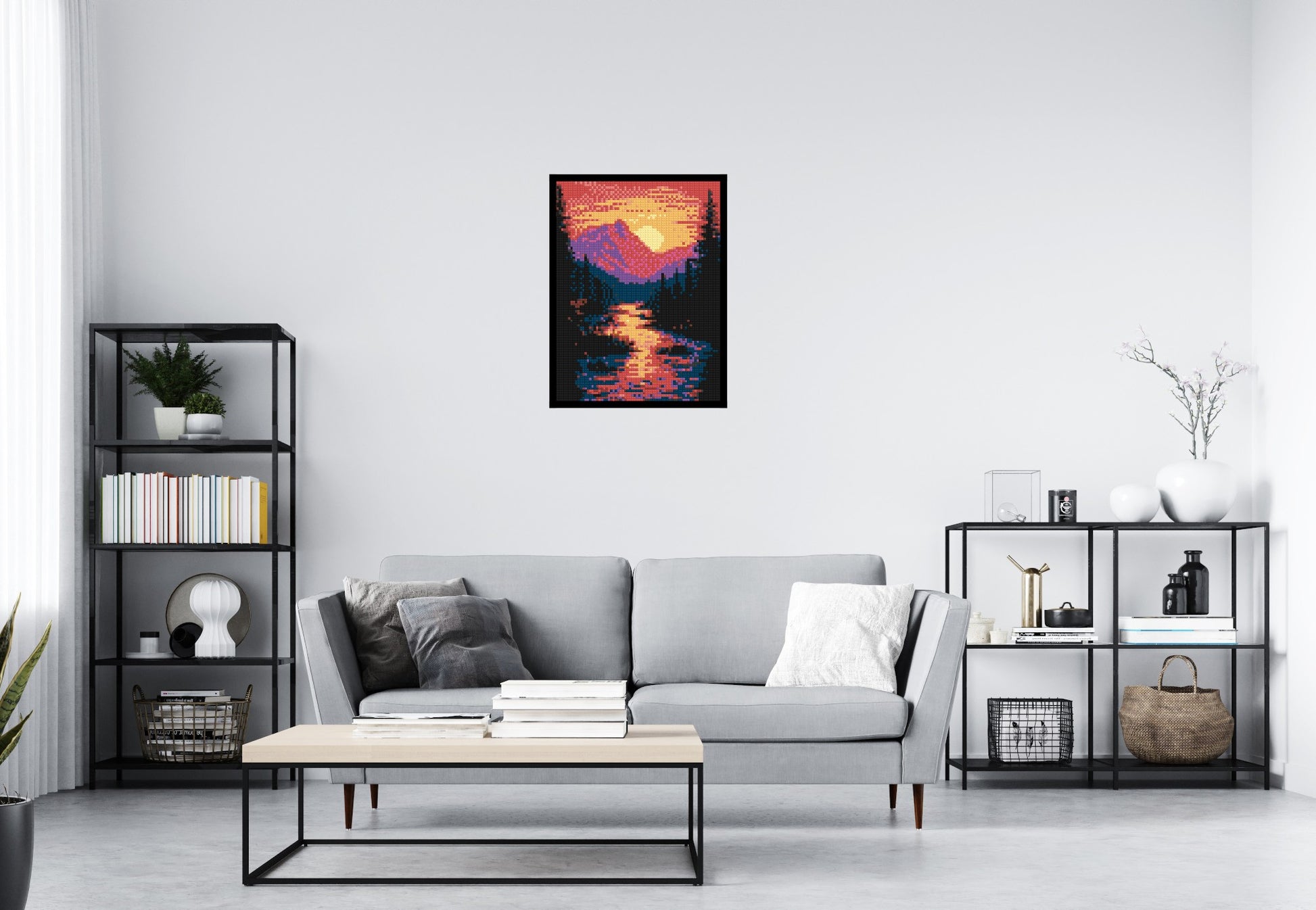 Sunset Mountain River Pixel Art - Brick Art Mosaic Kit 3x4 scene with frame