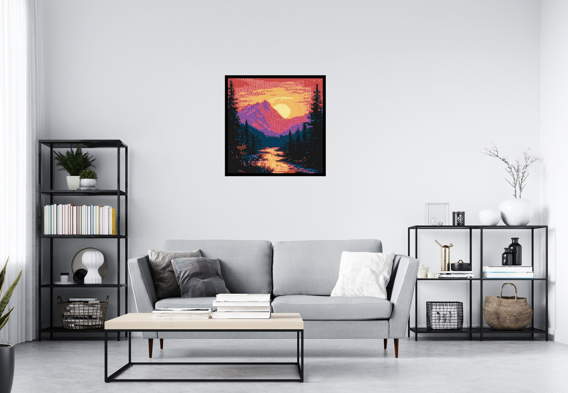 Sunset Mountain River Pixel Art - Brick Art Mosaic Kit 4x4 scene with frame
