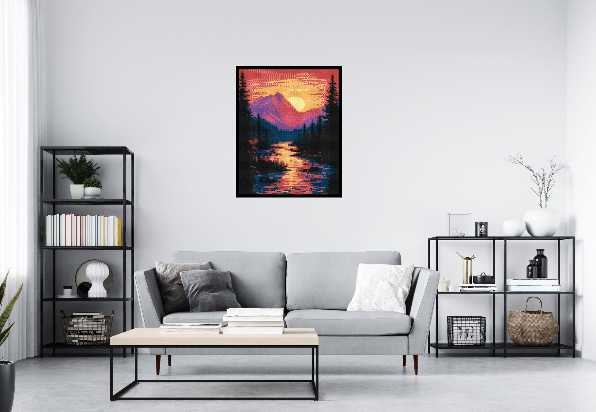 Sunset Mountain River Pixel Art - Brick Art Mosaic Kit 4x5 scene with frame