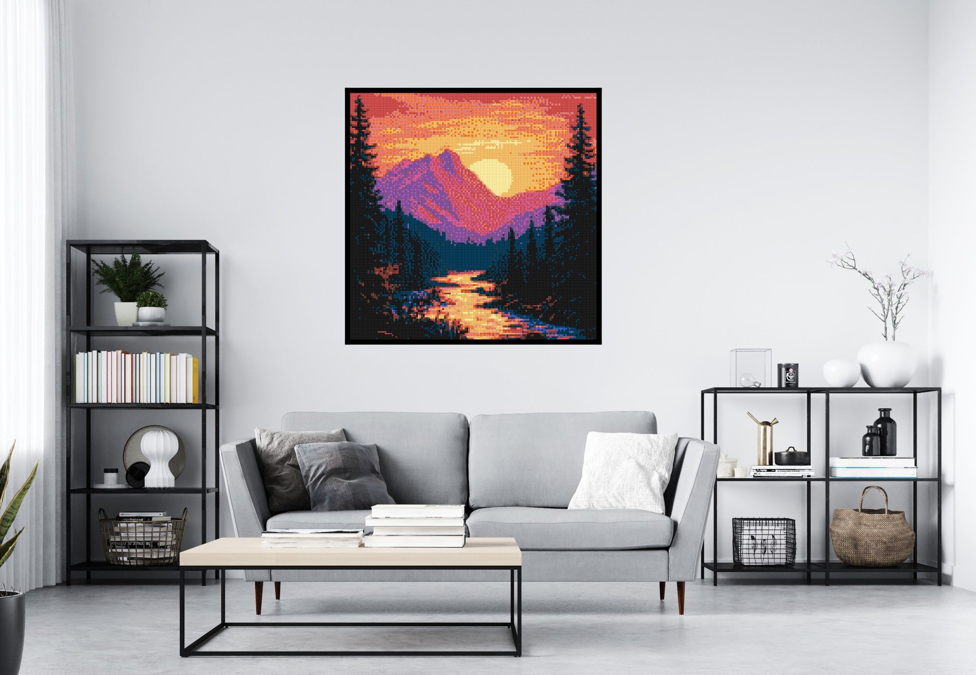 Sunset Mountain River Pixel Art - Brick Art Mosaic Kit 6x6 scene with frame