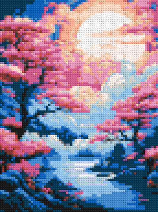 Cherry Blossom Trees and Glowing Moon Japanese Art - Brick Art Mosaic Kit 3x4 large