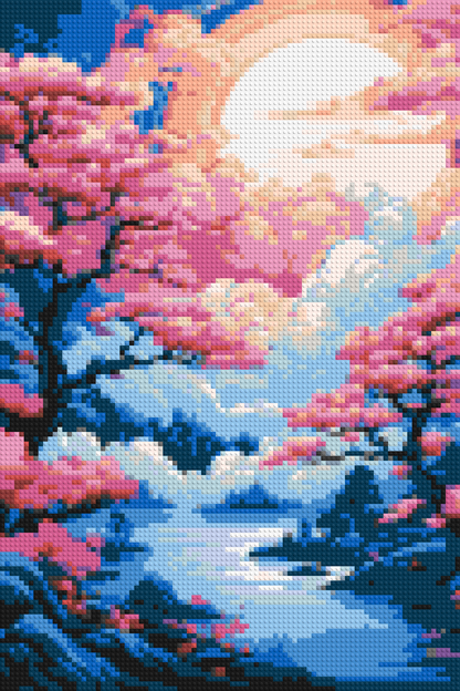 Cherry Blossom Trees and Glowing Moon Japanese Art - Brick Art Mosaic Kit 4x6 large