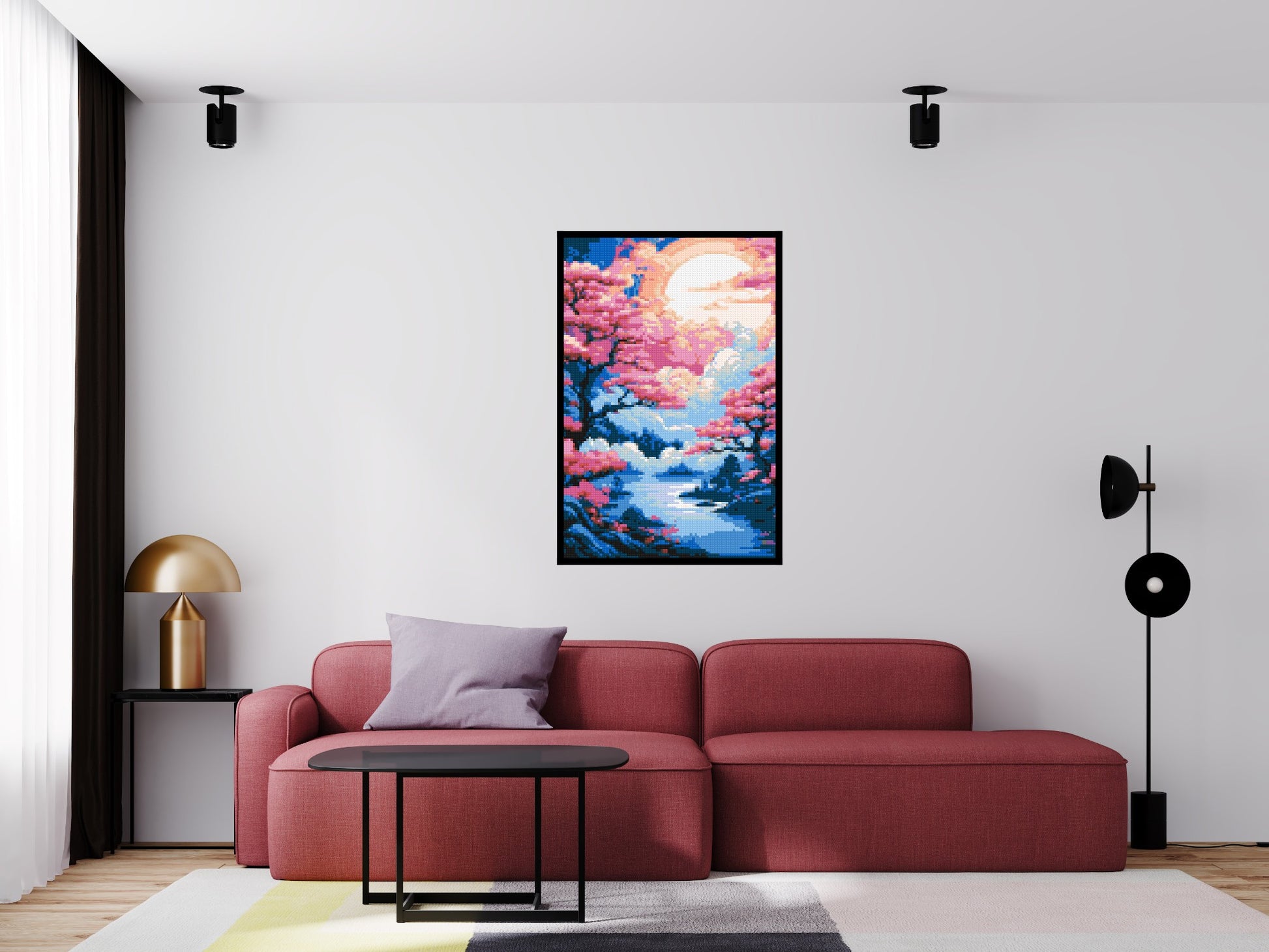 Cherry Blossom Trees and Glowing Moon Japanese Art - Brick Art Mosaic Kit 4x6 scene with frame