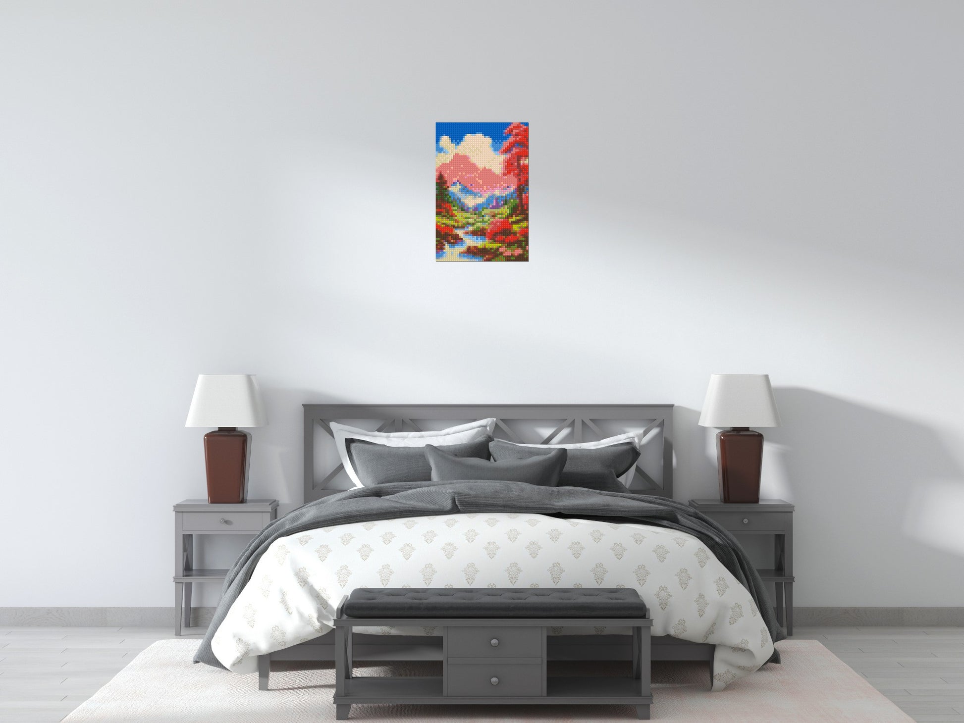 Pink Mountain Peaks and Cascading Waterfall Illustration - Brick Art Mosaic Kit 2x3 scene