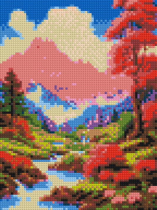Pink Mountain Peaks and Cascading Waterfall Illustration - Brick Art Mosaic Kit 3x4 large