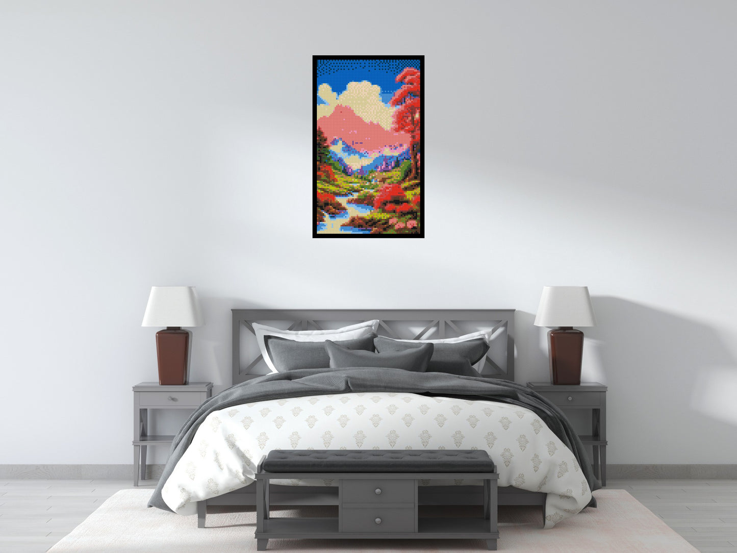 Pink Mountain Peaks and Cascading Waterfall Illustration - Brick Art Mosaic Kit 3x5 large