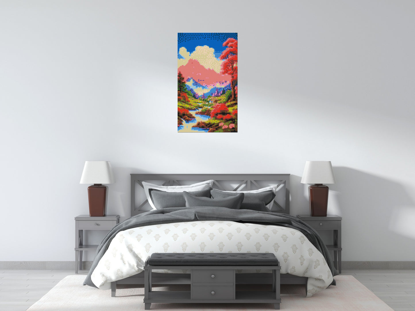 Pink Mountain Peaks and Cascading Waterfall Illustration - Brick Art Mosaic Kit 3x5 large