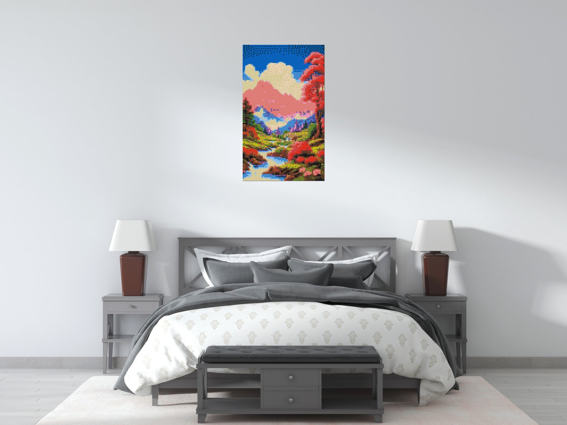 Pink Mountain Peaks and Cascading Waterfall Illustration - Brick Art Mosaic Kit 3x5 scene