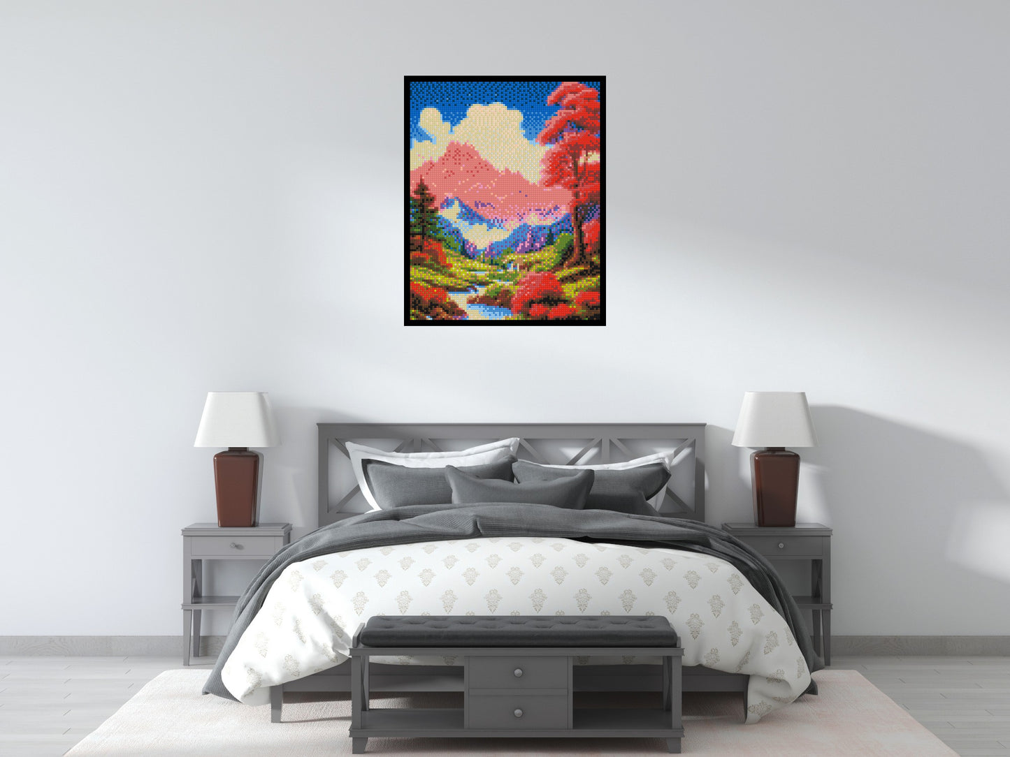 Pink Mountain Peaks and Cascading Waterfall Illustration - Brick Art Mosaic Kit 4x5 large