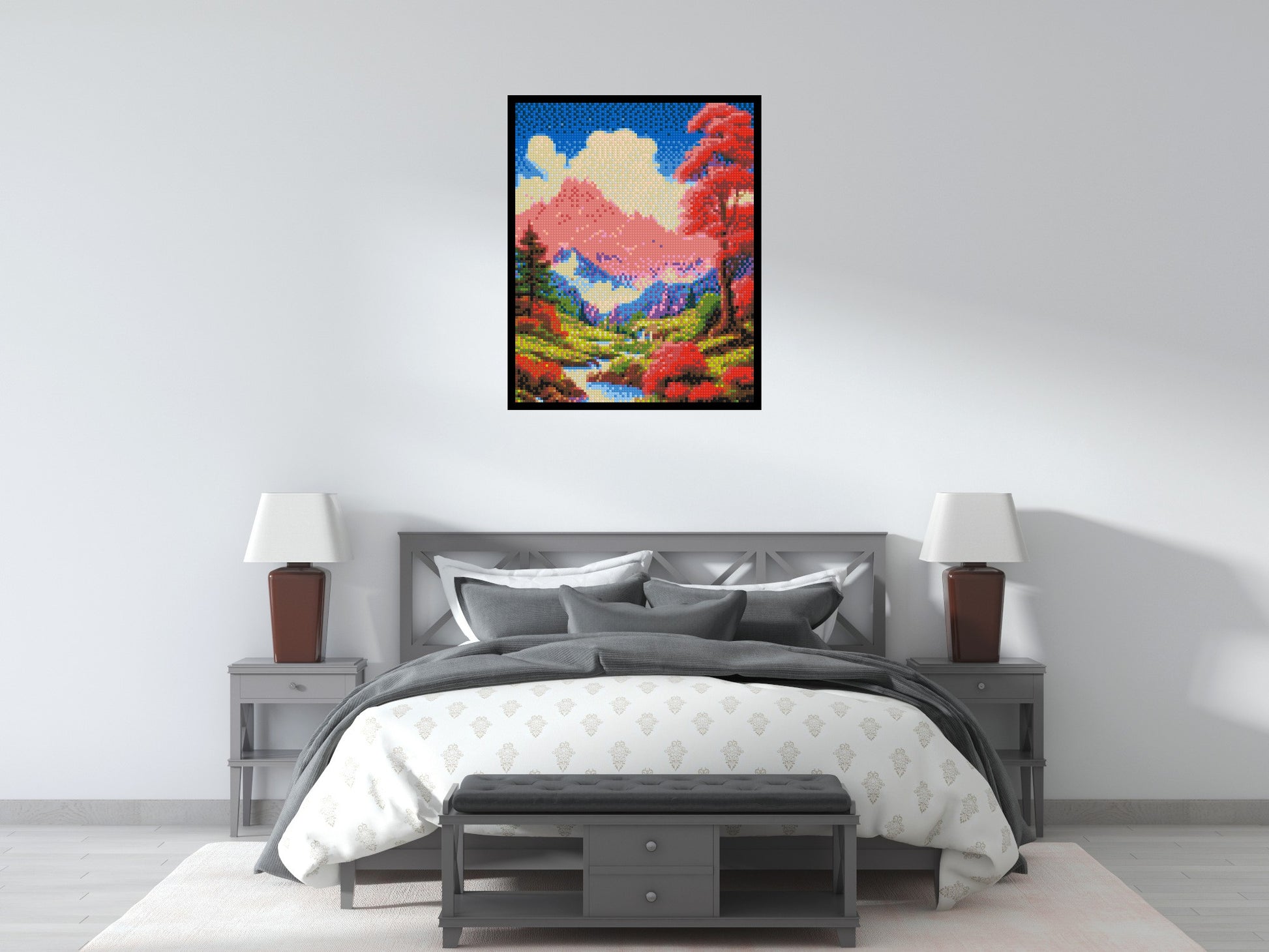 Pink Mountain Peaks and Cascading Waterfall Illustration - Brick Art Mosaic Kit 4x5 scene with frame